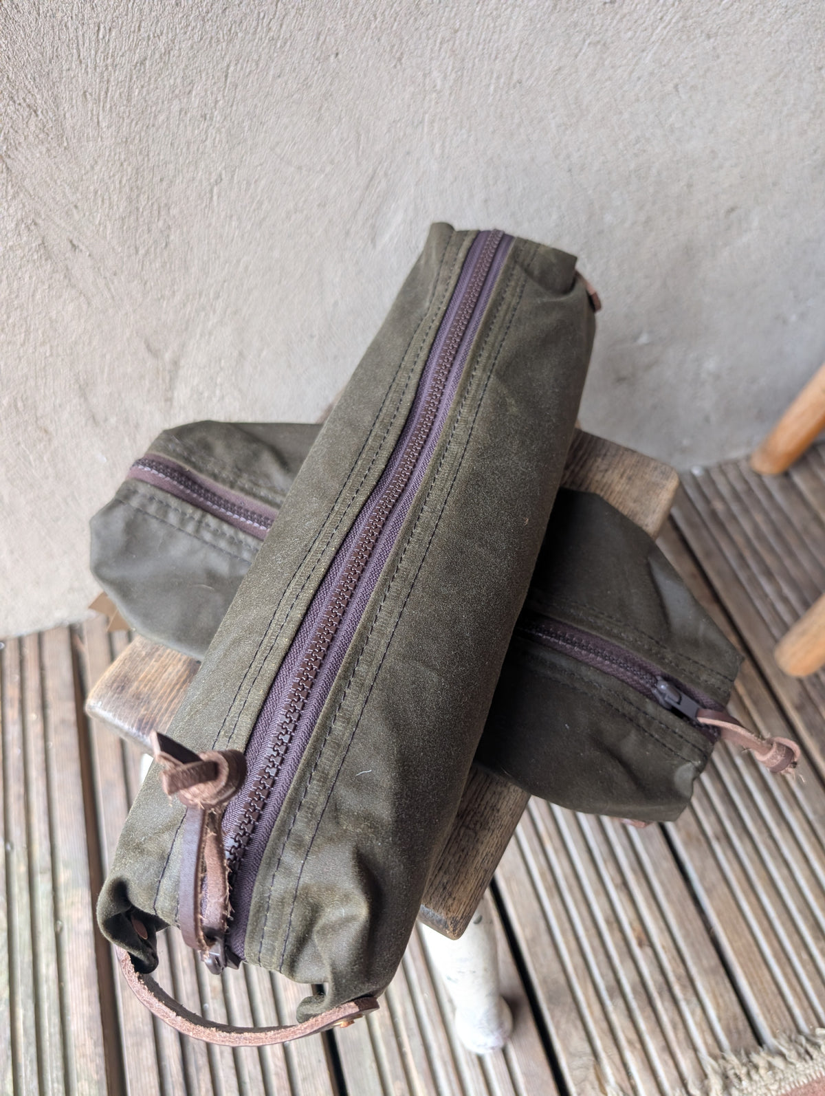 Dopp bag, double-lined waxed canvas packing cube with leather handles