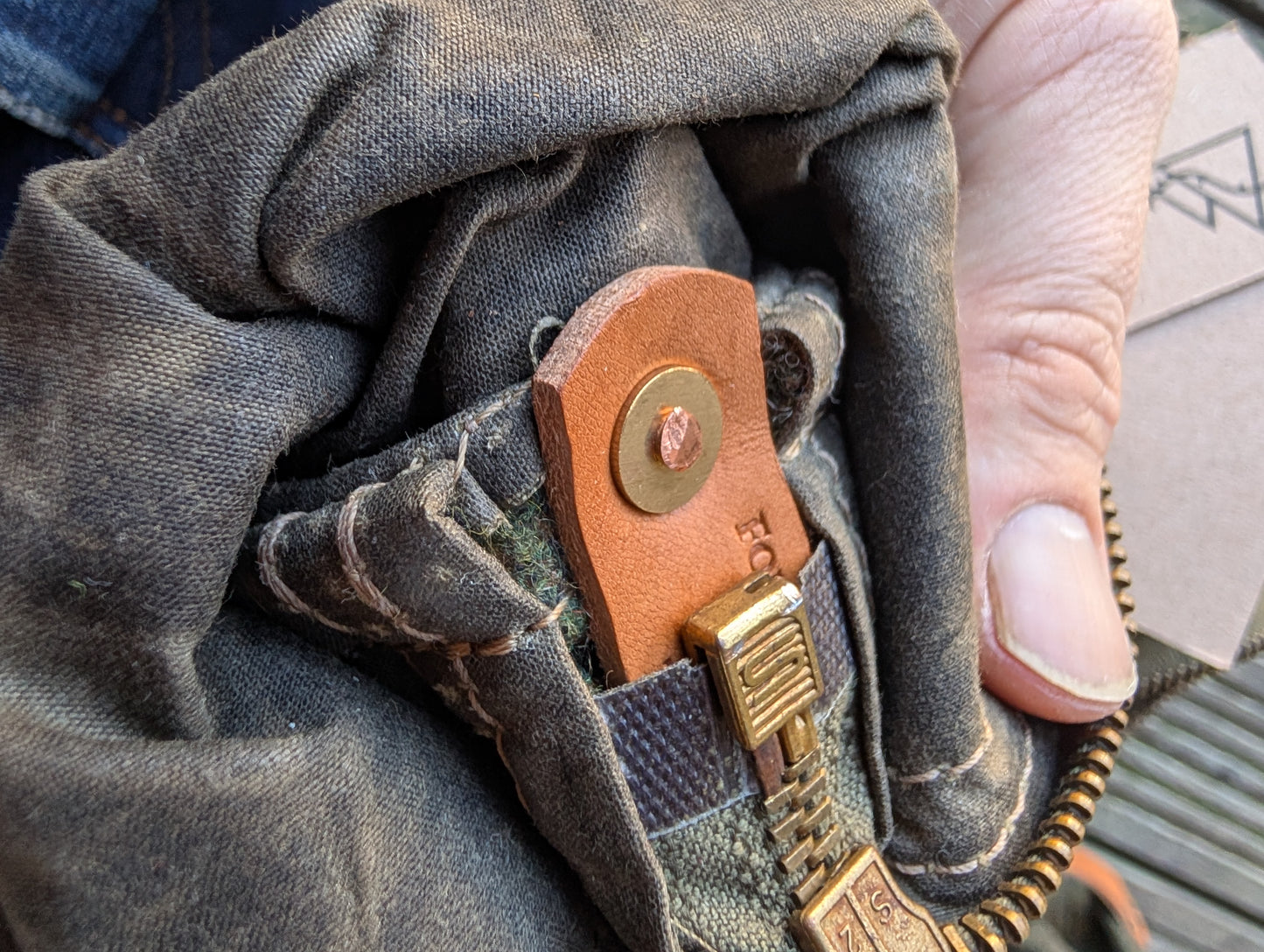Wool 'n' wax skinny dopp bag, double-lined with vachetta leather handles