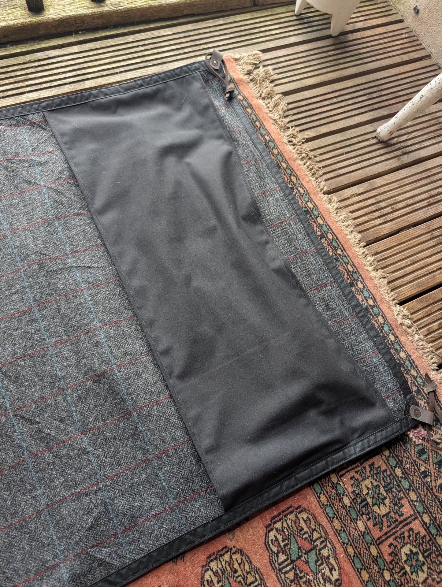 Sleeping mat/pad cover, waxed-canvas-backed checked wool with cotton 'pillow'  and leather leather tie-outs