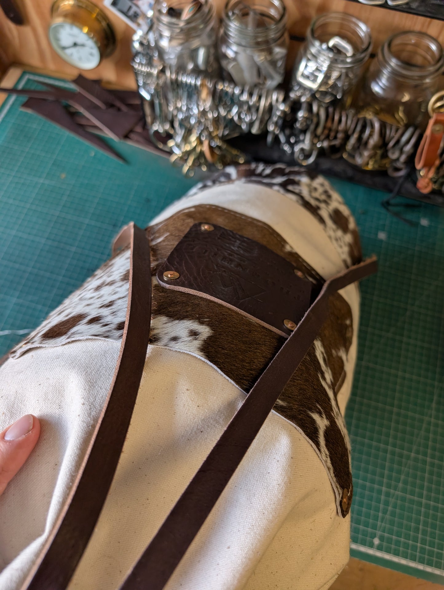 Furry cow sea sack style bag , leather and canvas &  lined waxed eco beeswax cotton