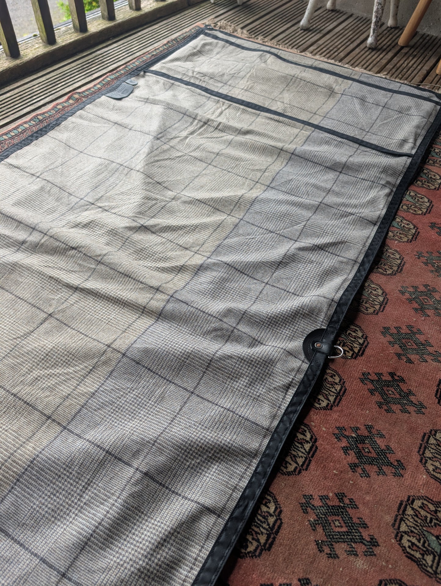 Sleeping mat/pad cover, waxed-canvas-backed checked wool with leather tie-outs