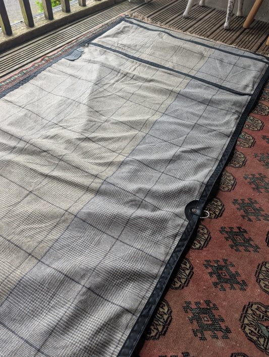 Sleeping mat/pad cover, waxed-canvas-backed checked wool with leather tie-outs