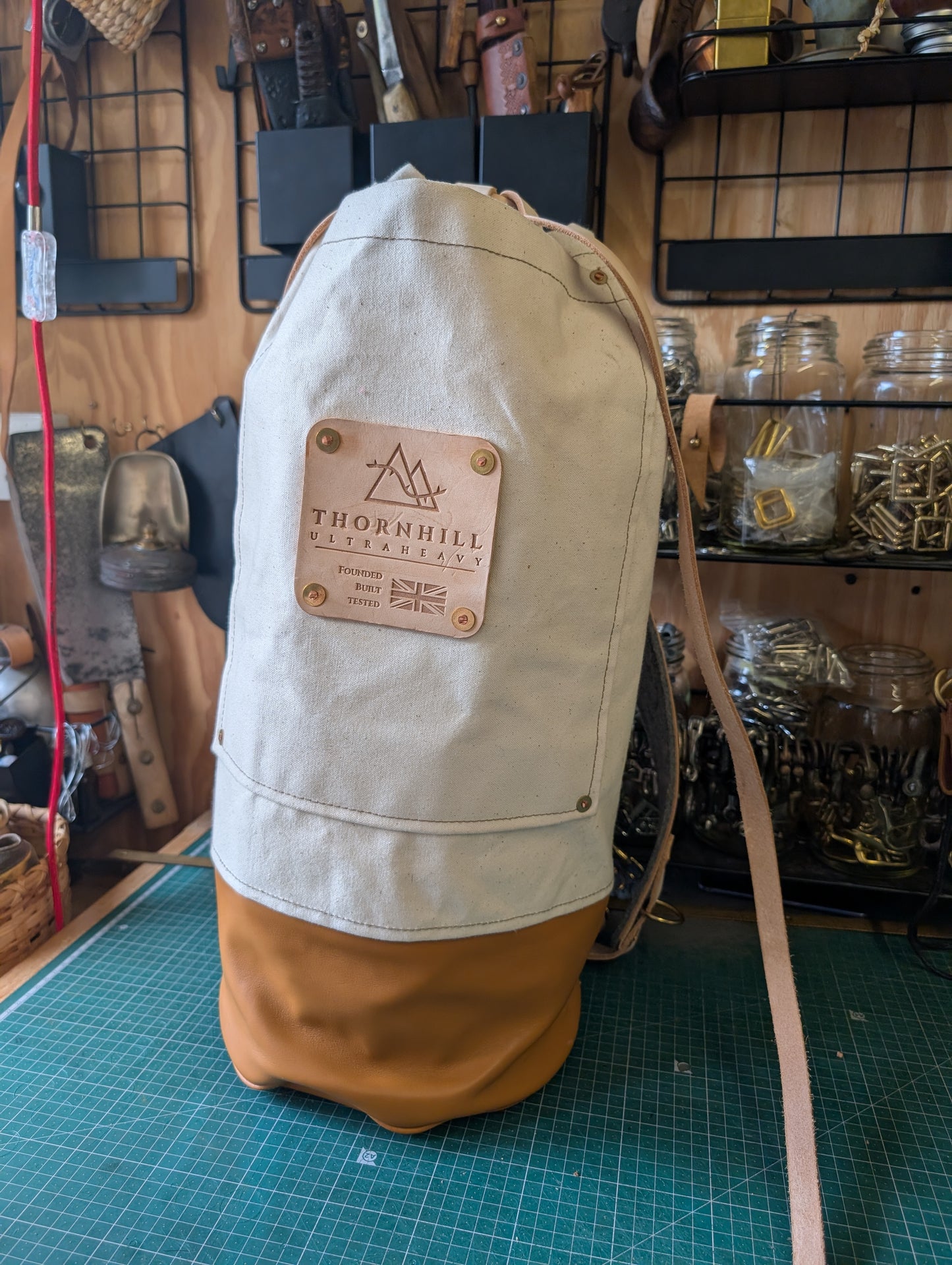 Canvas and leather sea sack style bag, leather and canvas &  lined waxed eco beeswax cotton