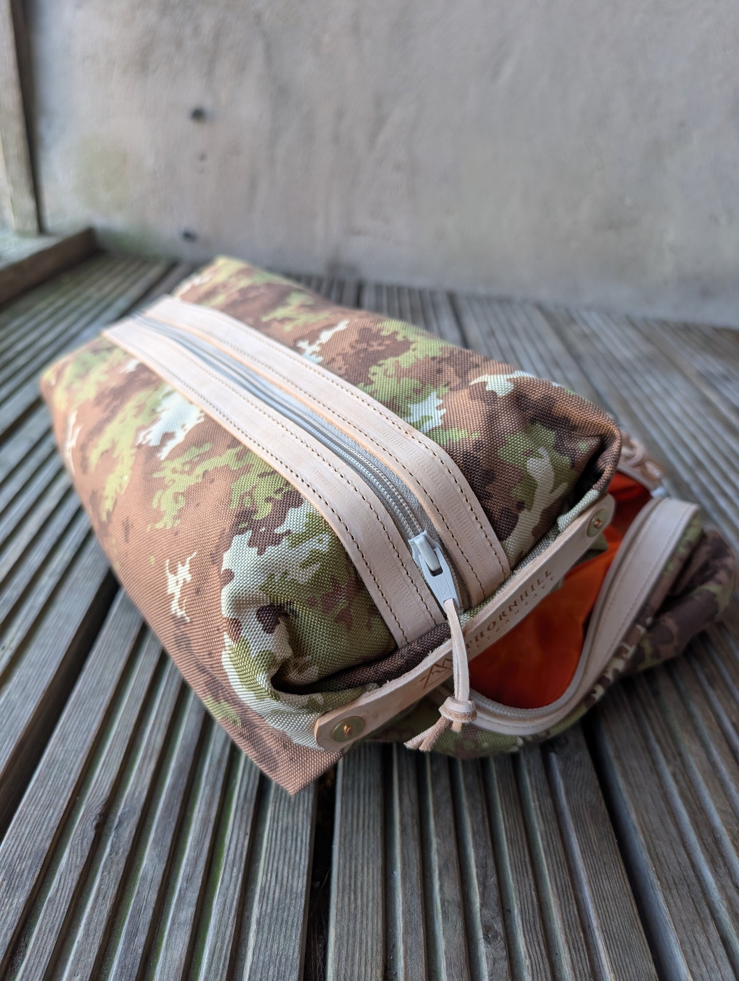Italian vegetato camouflage large dopp bag, double-lined with leather handles and trim