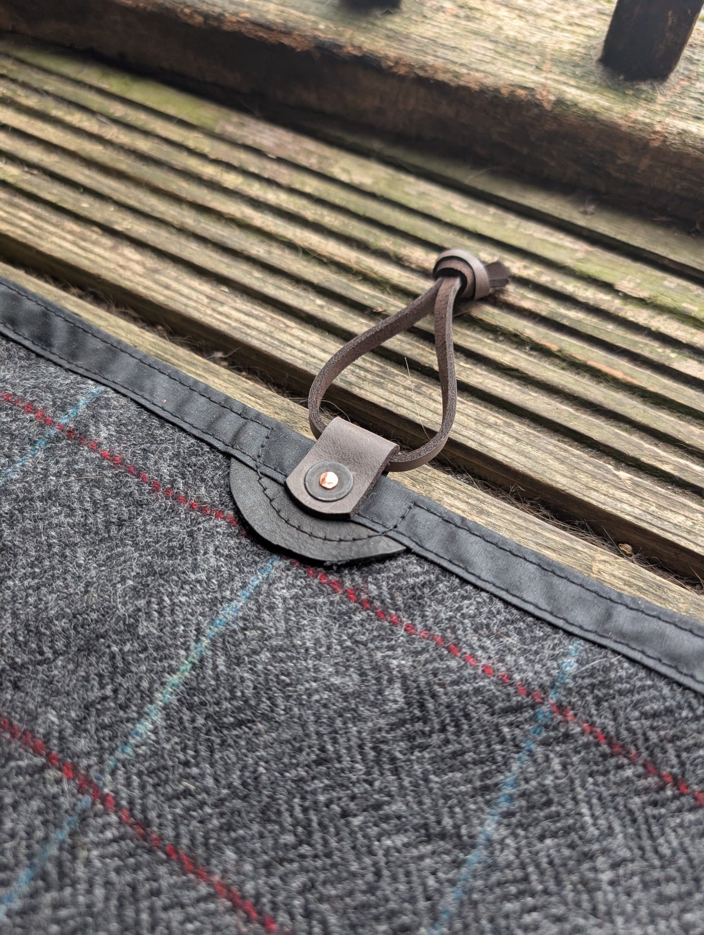 Sleeping mat/pad cover, waxed-canvas-backed checked wool with cotton 'pillow'  and leather leather tie-outs