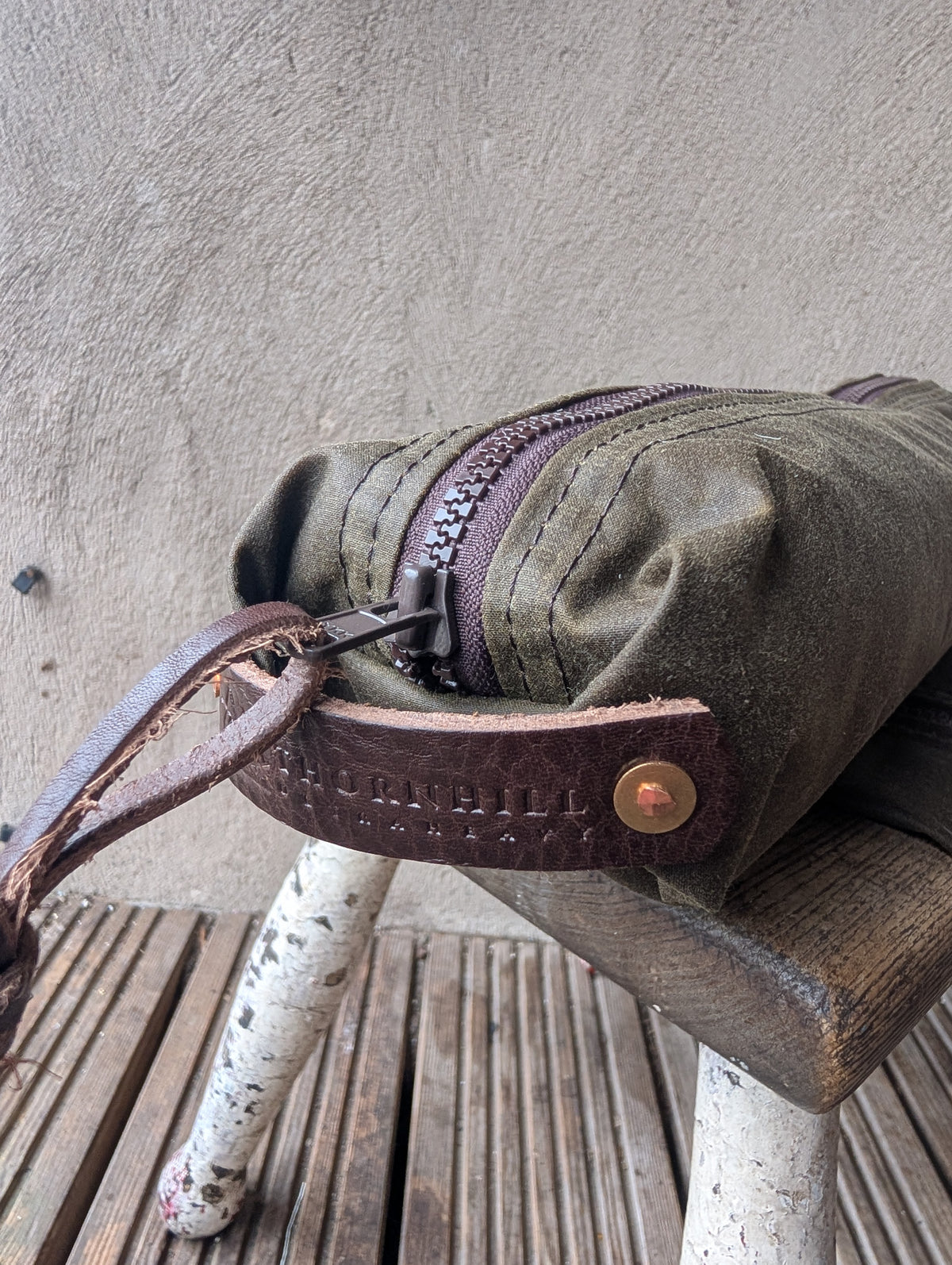 Dopp bag, double-lined waxed canvas packing cube with leather handles