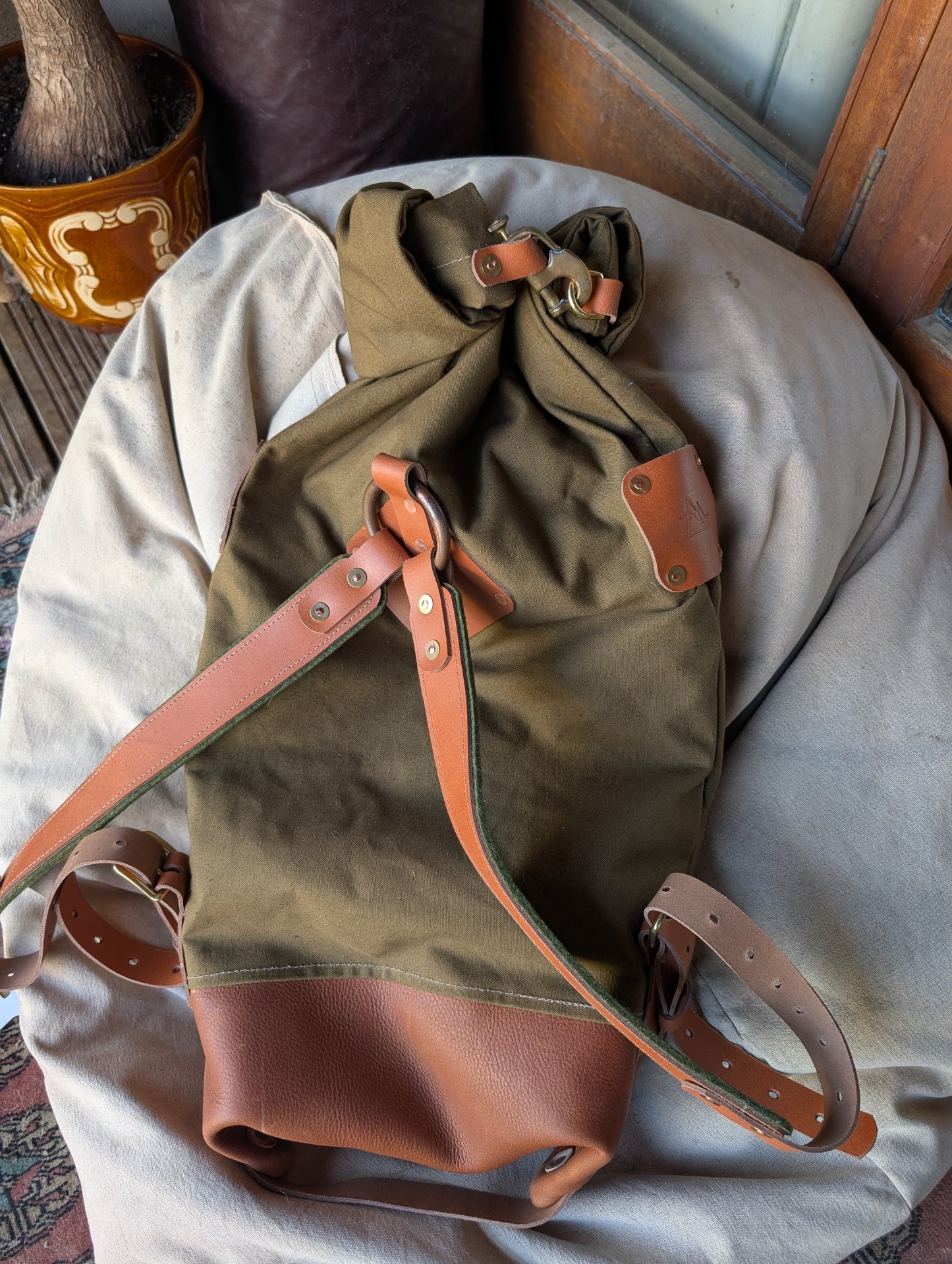 Two-tone bushcraft & travel rucksack, leather and canvas & double lined waxed canvas
