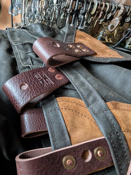 SPECIAL: 8' x 8' simple classic tarp, OLIVE with prop holes in brown leather