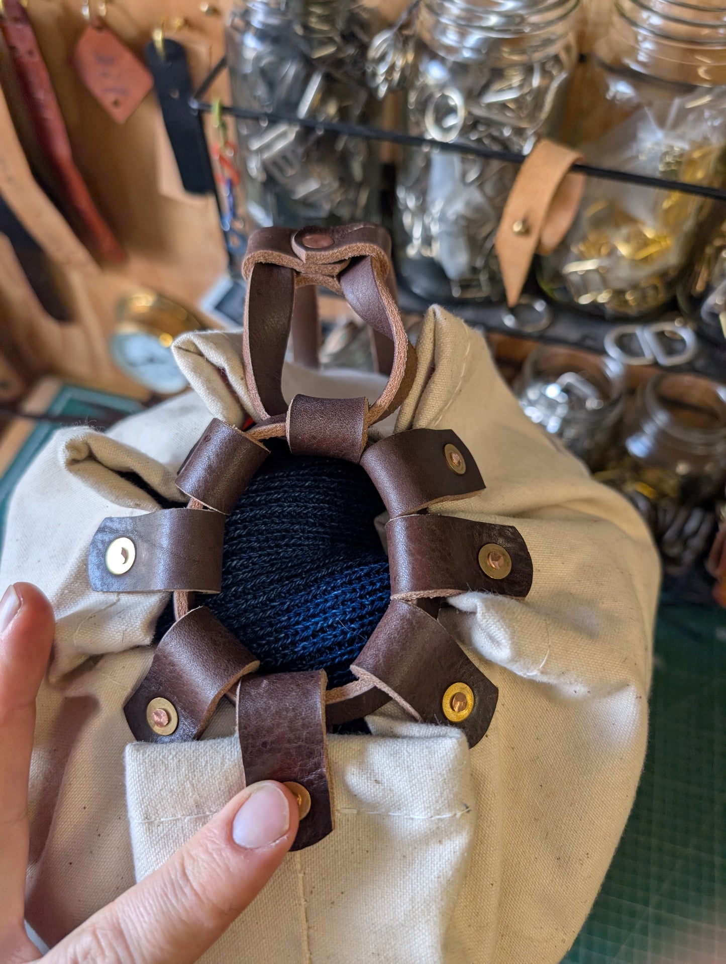 Furry cow sea sack style bag , leather and canvas &  lined waxed eco beeswax cotton