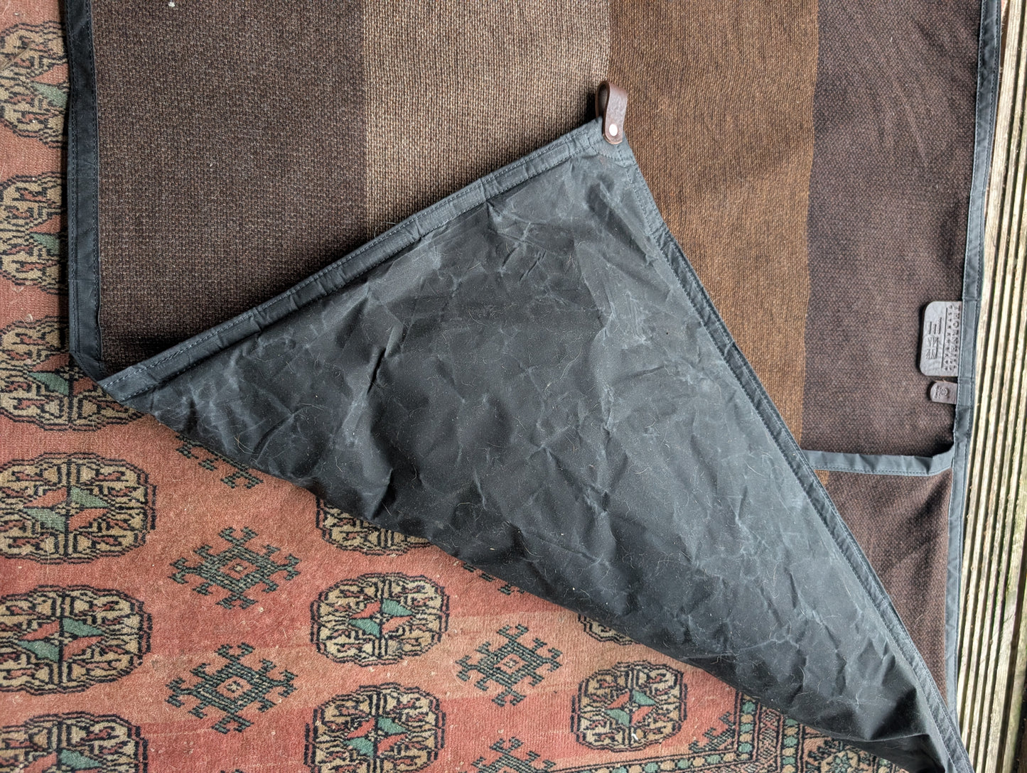 Sleeping mat/pad cover, eco beeswax cotton backed woven 100% wool upper with leather tie-outs