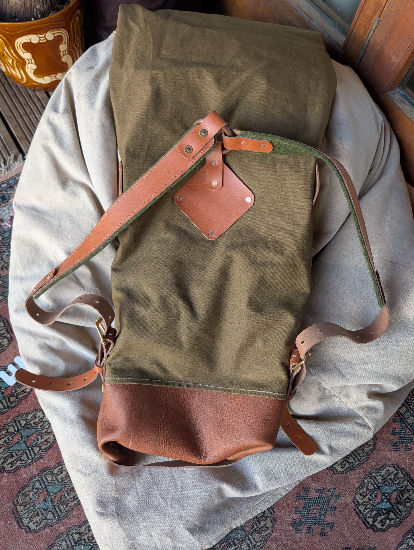 Two-tone bushcraft & travel rucksack, leather and canvas & double lined waxed canvas