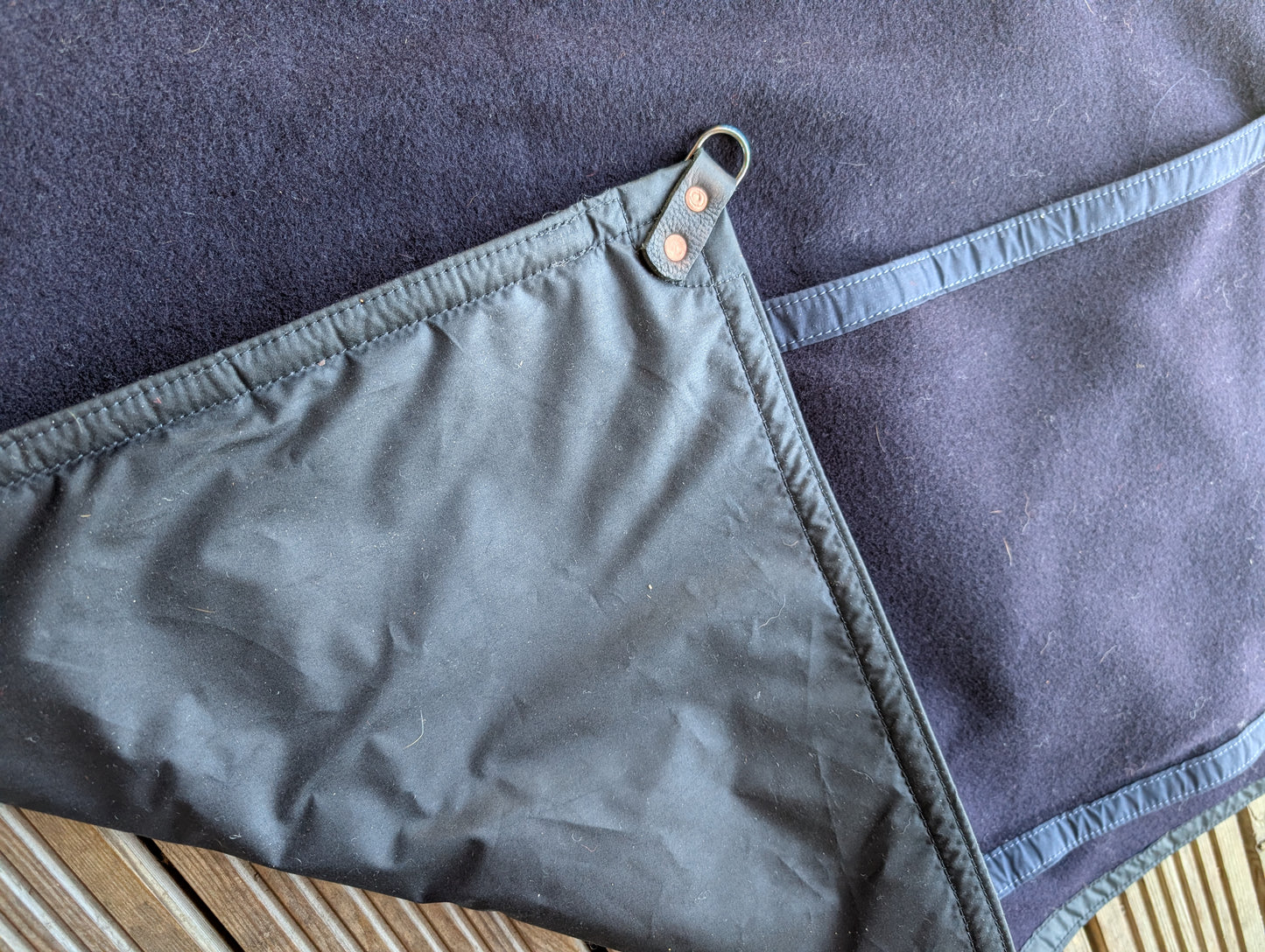 Sleeping mat cover, waxed-canvas-backed wool with leather tie-outs