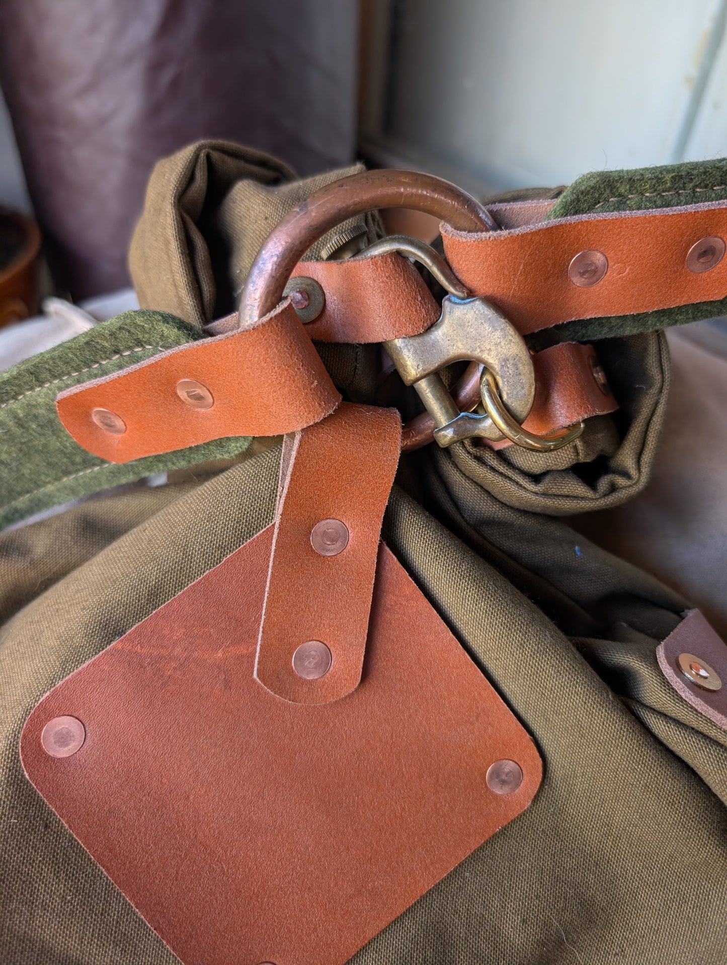 Two-tone bushcraft & travel rucksack, leather and canvas & double lined waxed canvas