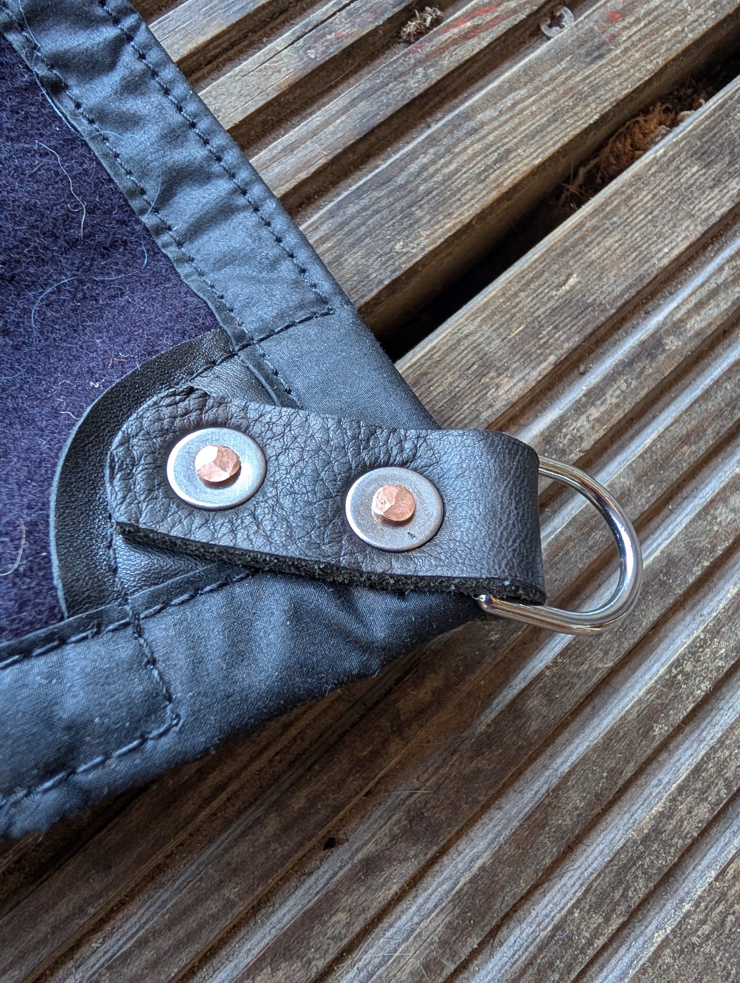 Sleeping mat cover, waxed-canvas-backed wool with leather tie-outs