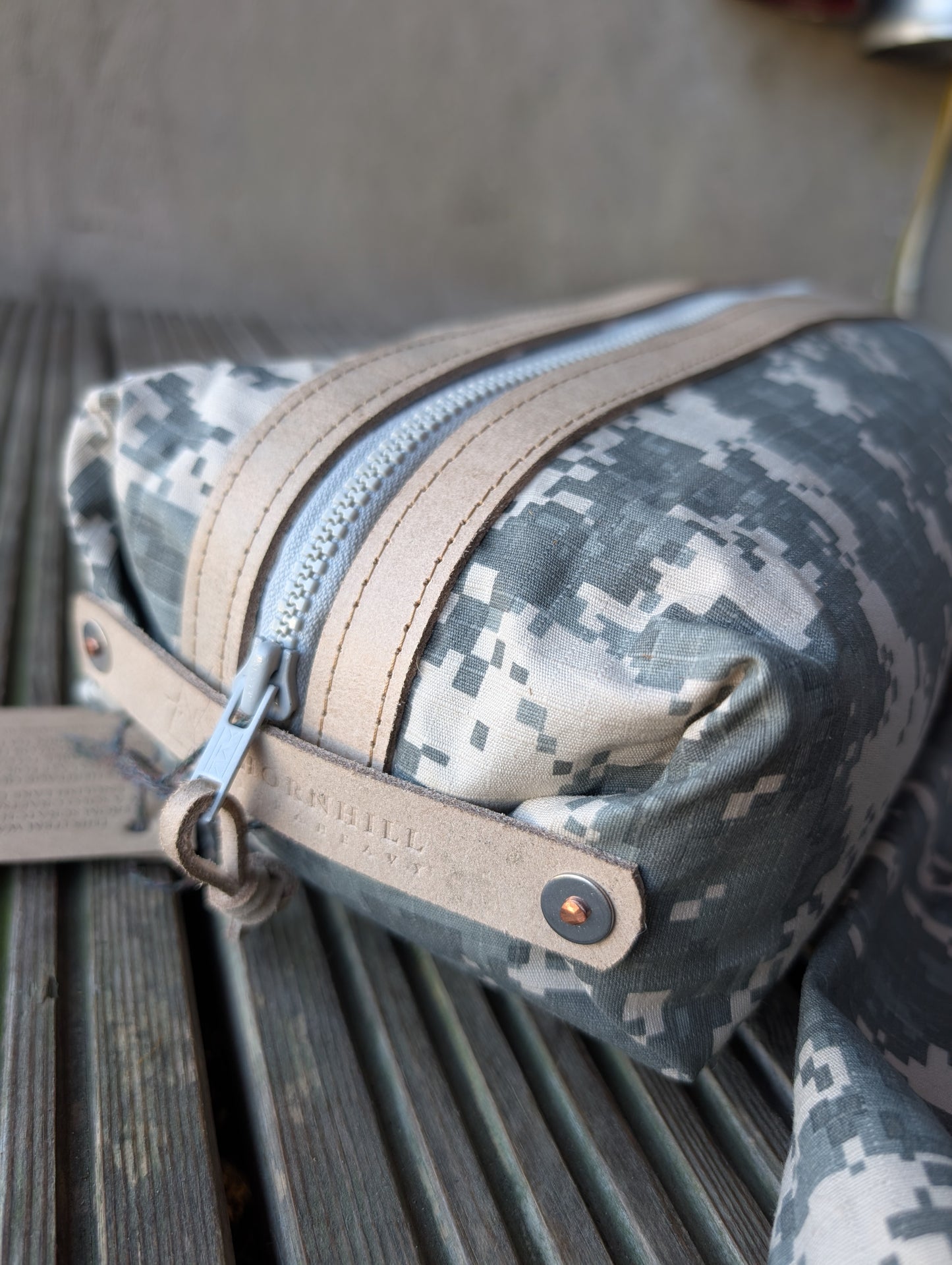 Digital camouflage large dopp bag, double-lined with leather handles and trim