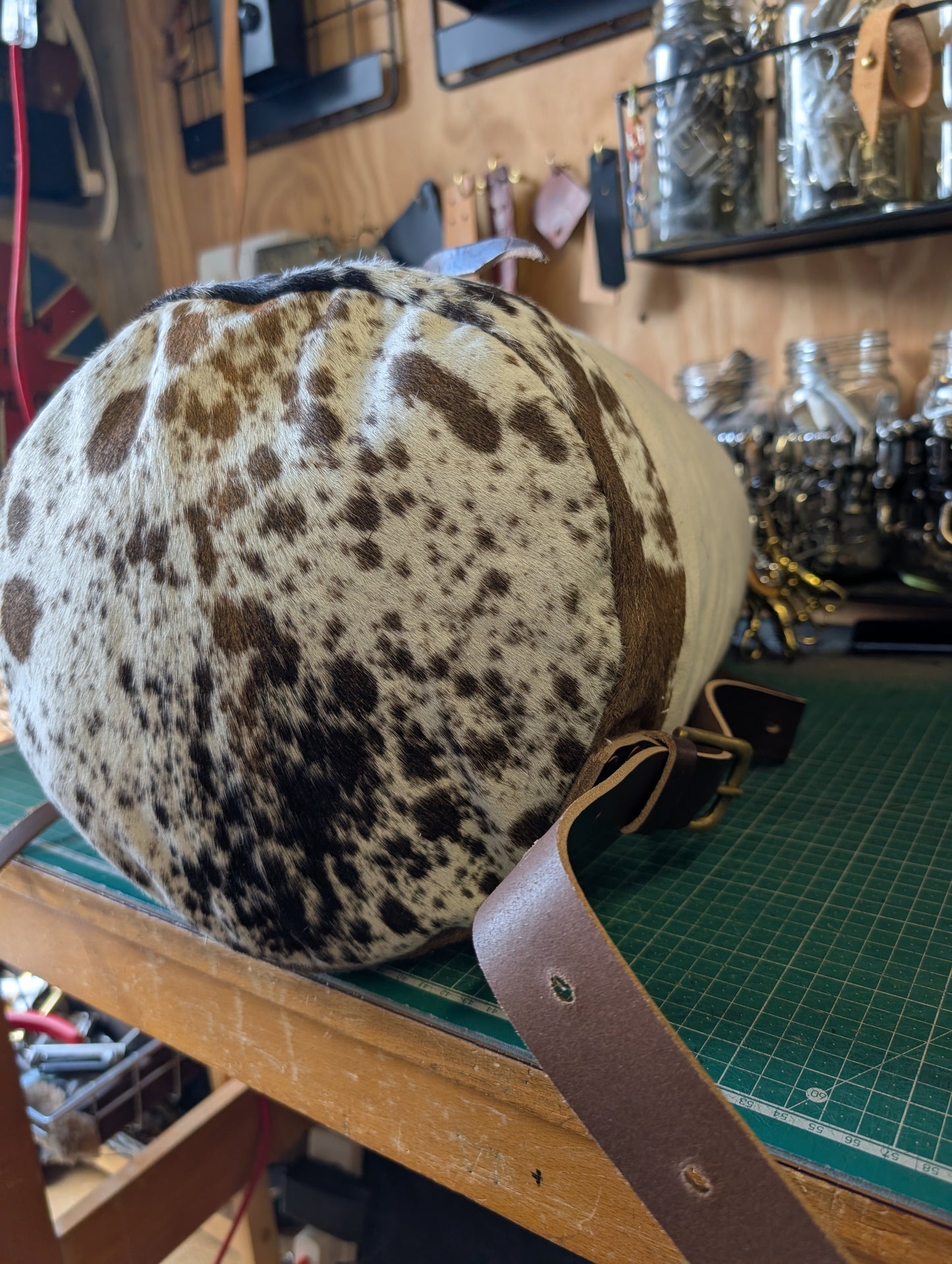 Furry cow sea sack style bag , leather and canvas &  lined waxed eco beeswax cotton