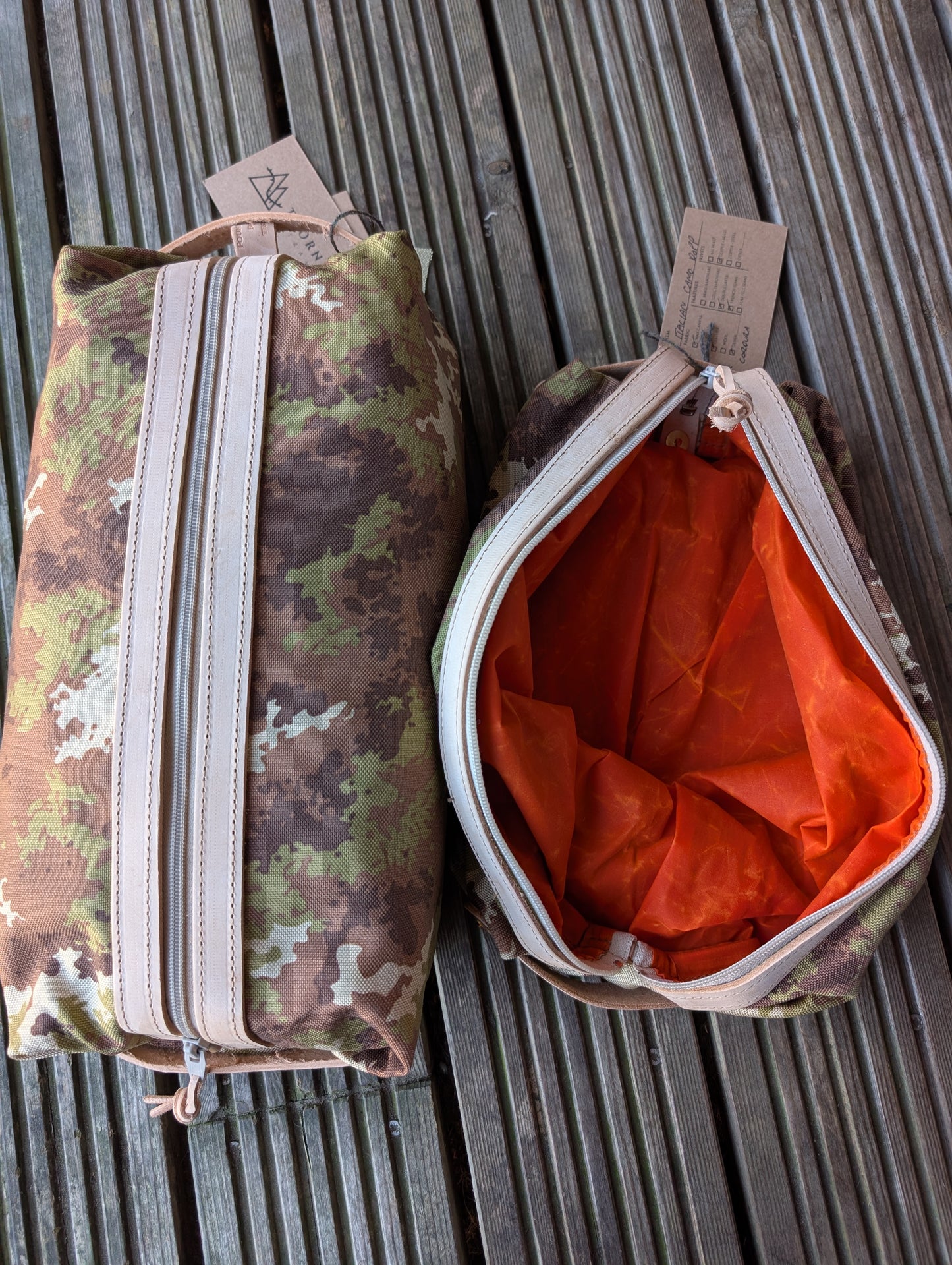 Italian vegetato camouflage large dopp bag, double-lined with leather handles and trim