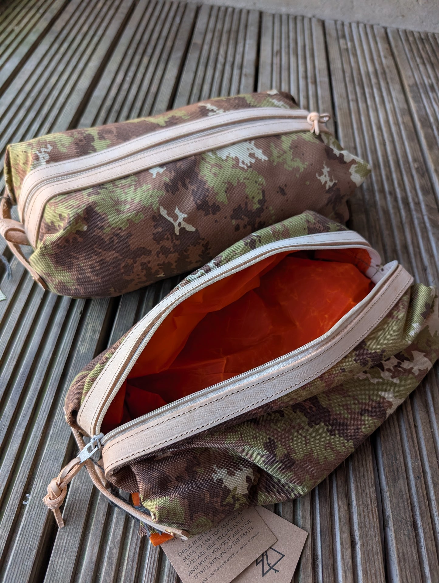 Italian vegetato camouflage large dopp bag, double-lined with leather handles and trim