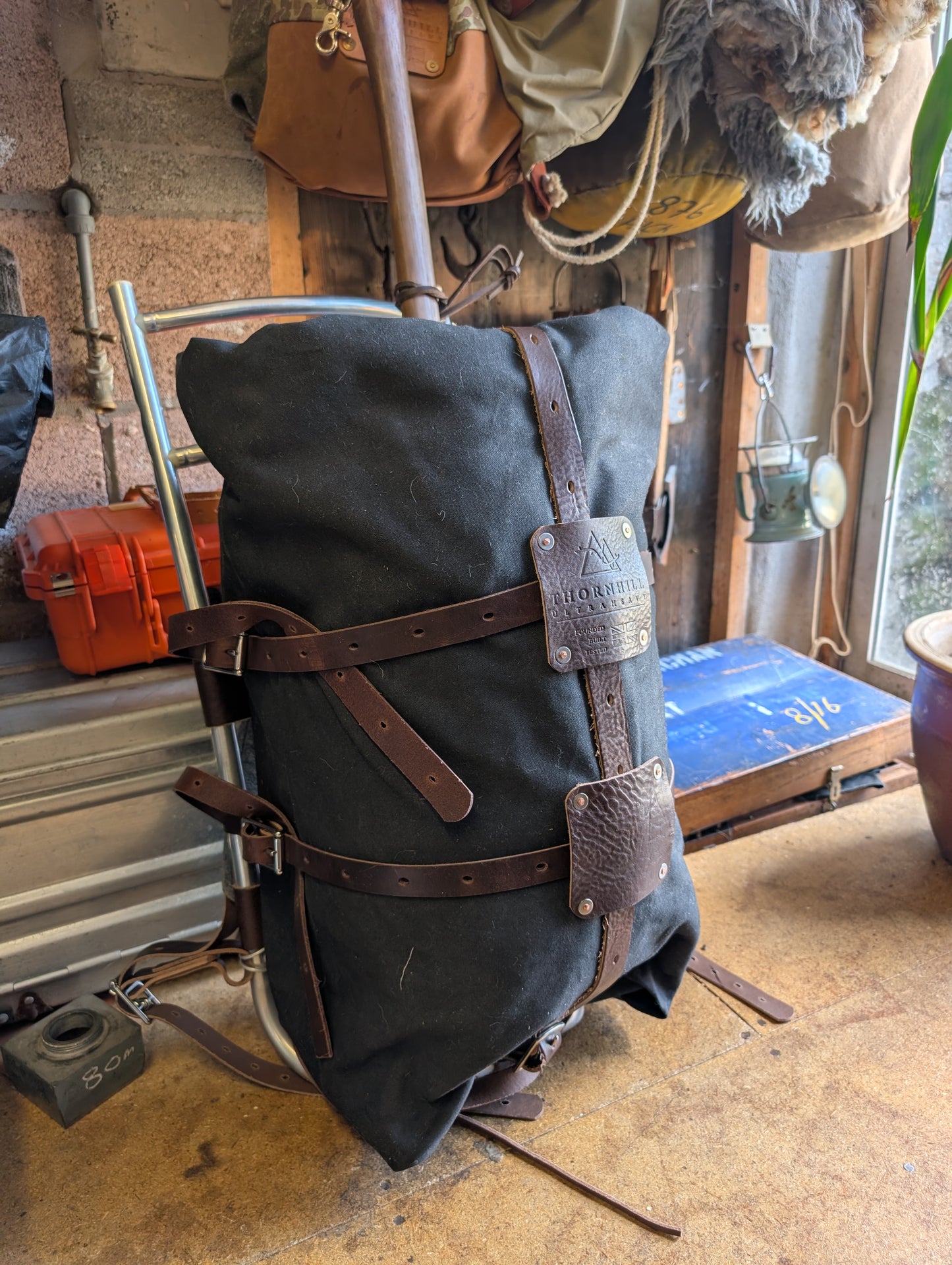 Pack basket/external frame rucksack/ gear hauler. Rebuild of vintage aluminium frame pack with leather , wool and rivets