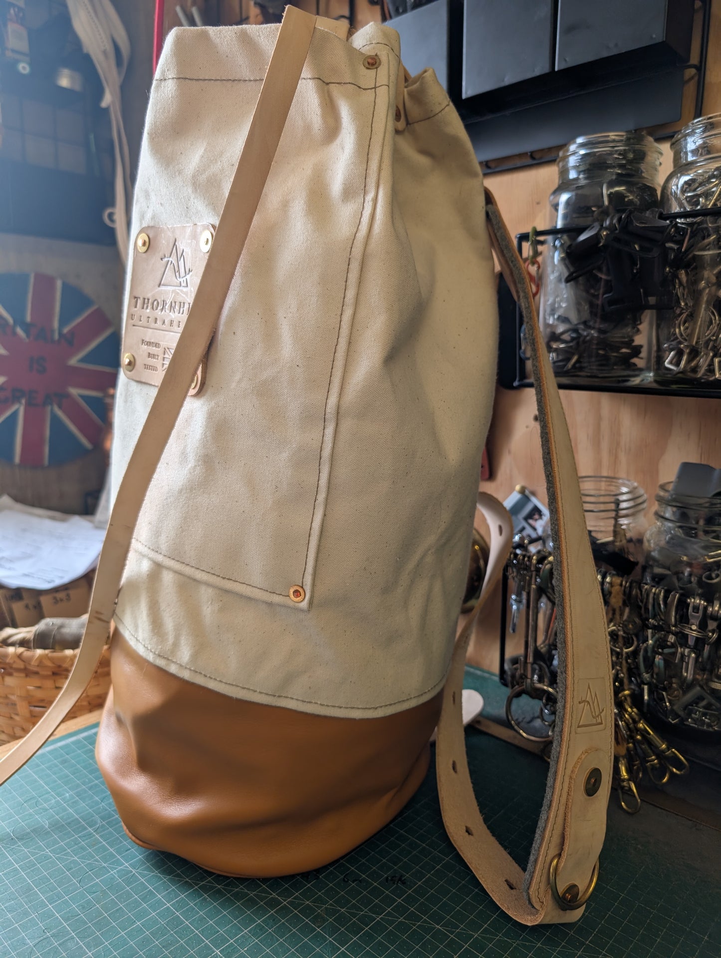 Canvas and leather sea sack style bag, leather and canvas &  lined waxed eco beeswax cotton
