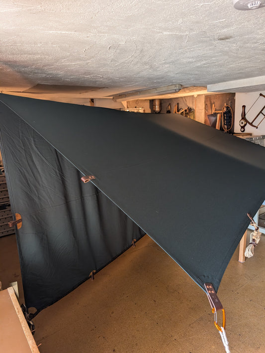 3m x 3m sun tarp, merino wool mix & leather tie outs green