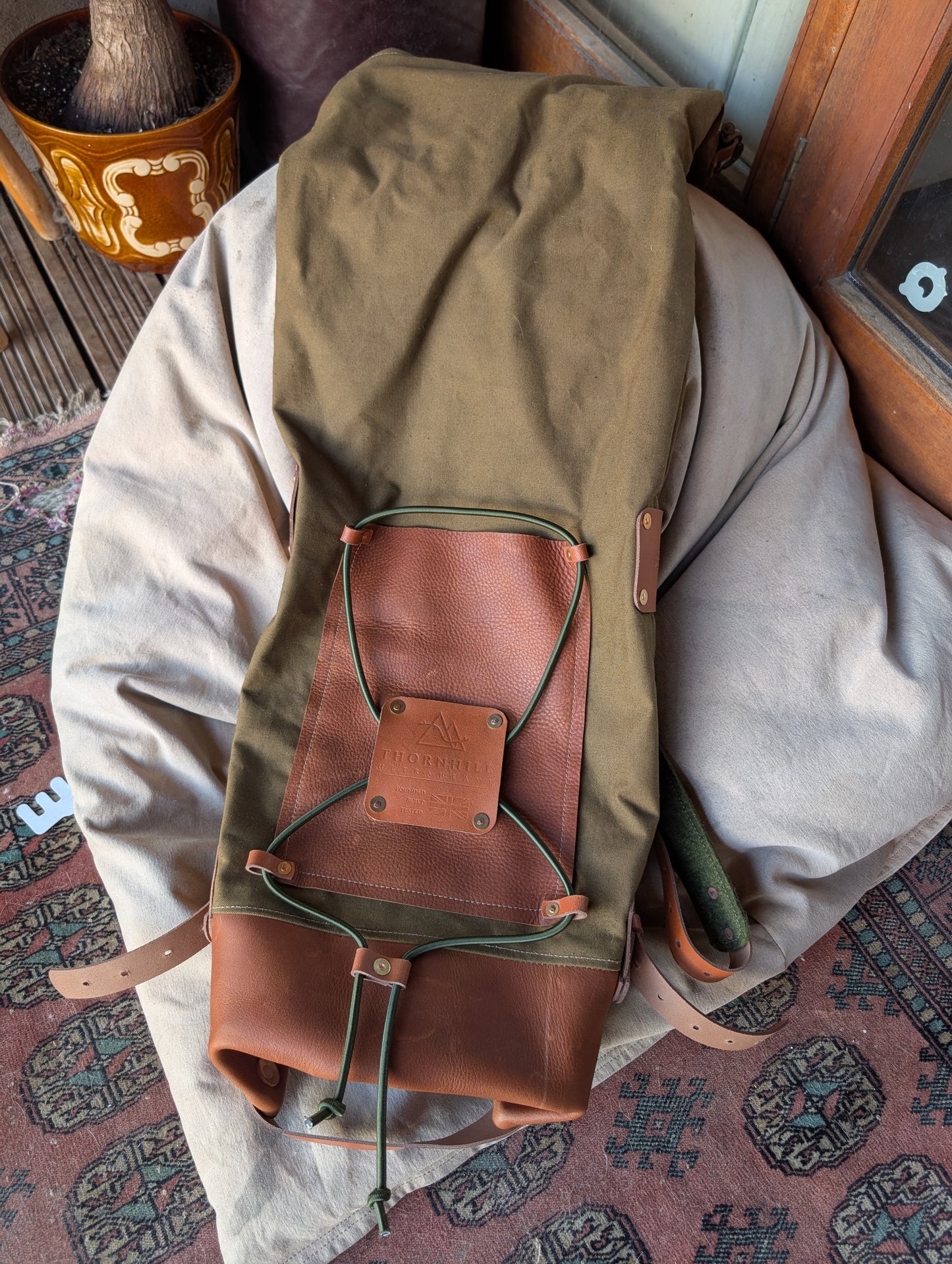 Two-tone bushcraft & travel rucksack, leather and canvas & double lined waxed canvas