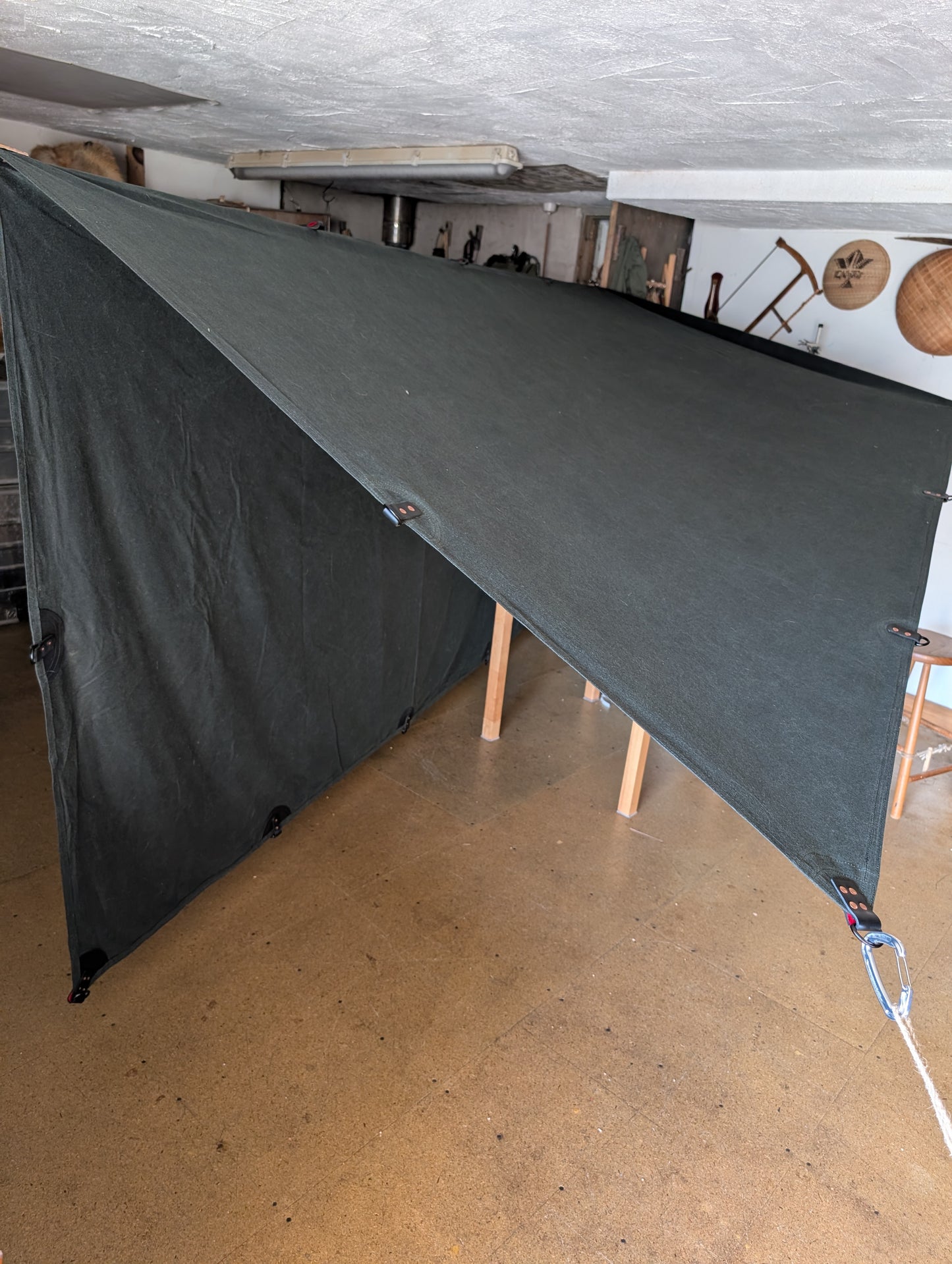 3m x 3m tarp, waxed canvas & leather and D ring tie outs green