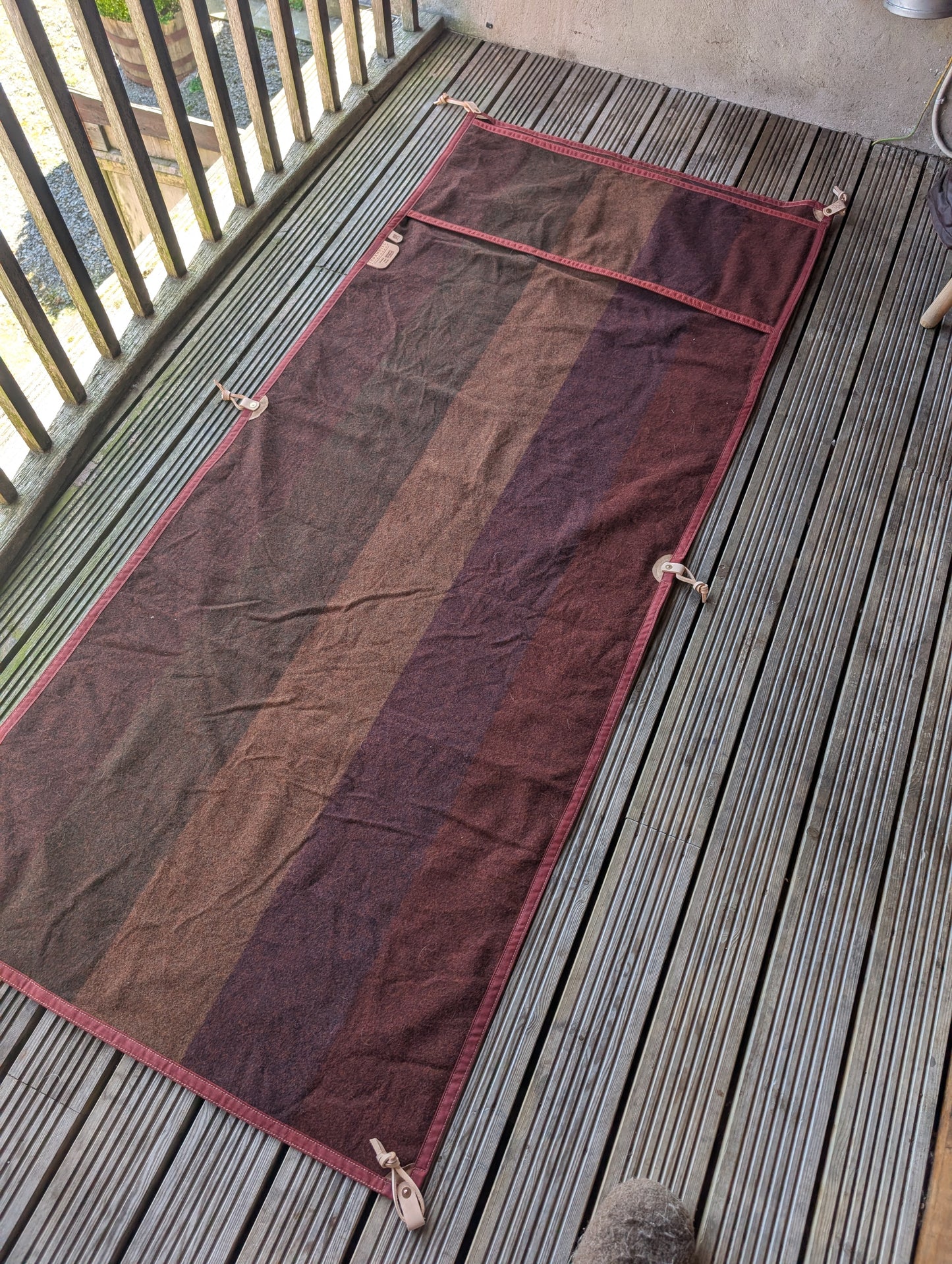 Sleeping mat/pad cover, waxed-canvas-backed wool with leather tie-outs