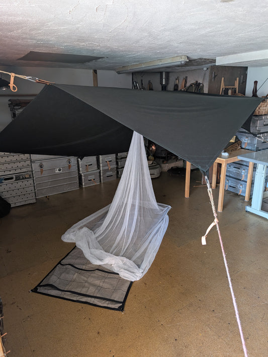 Less leather 8'x8' (2.44m) tarp with sewn waxed cotton and leather tie outs