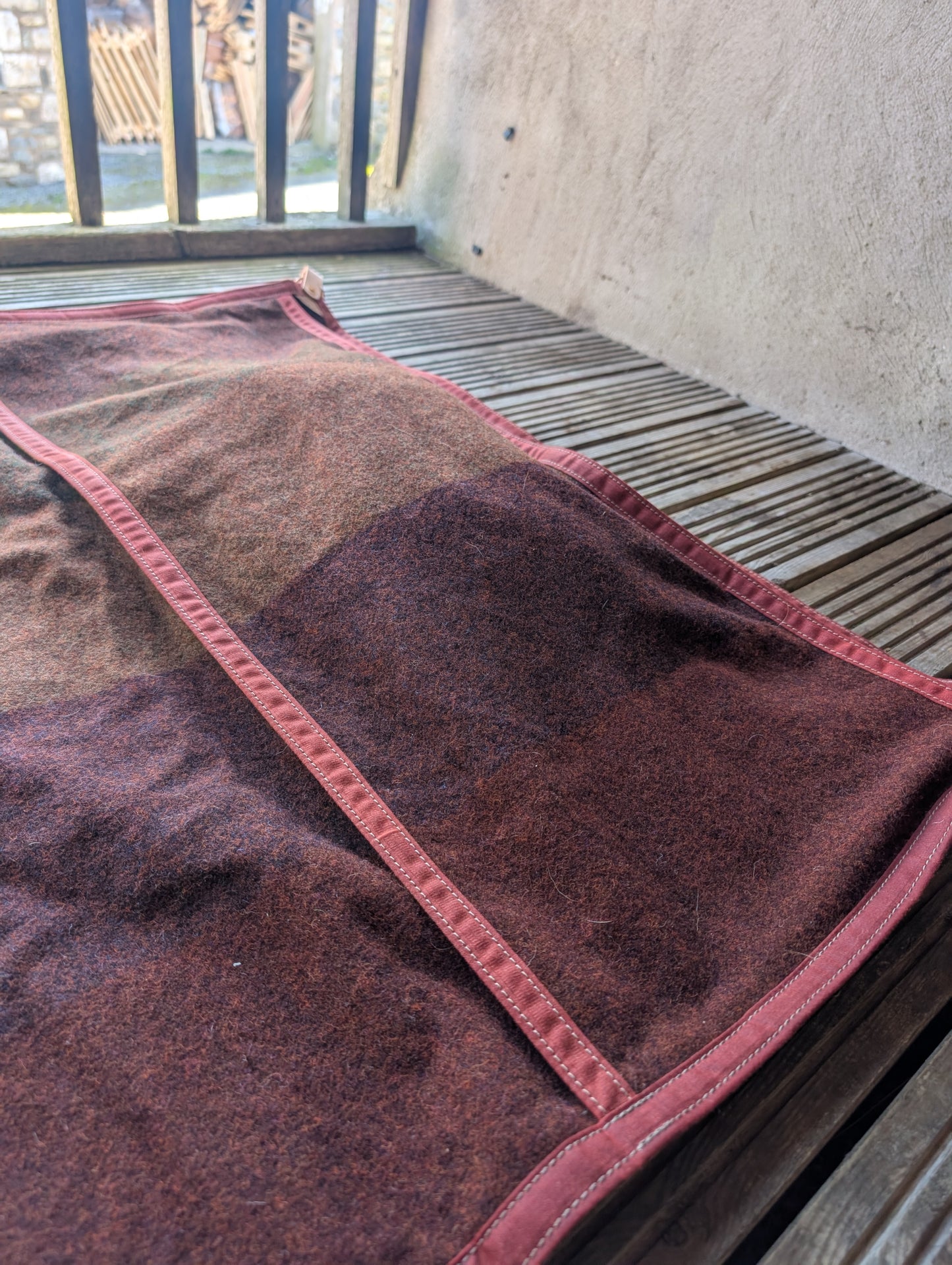 Sleeping mat/pad cover, waxed-canvas-backed wool with leather tie-outs
