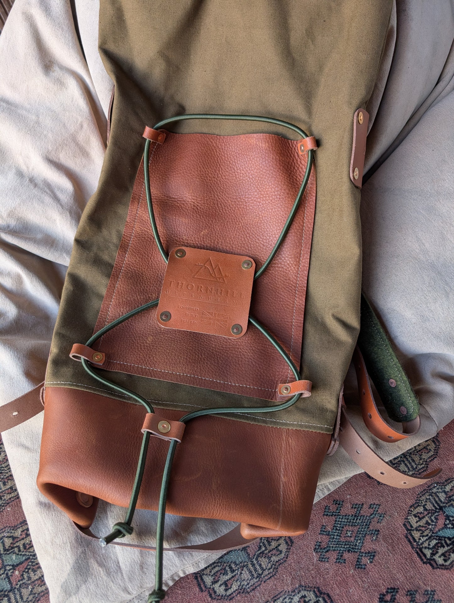 Two-tone bushcraft & travel rucksack, leather and canvas & double lined waxed canvas