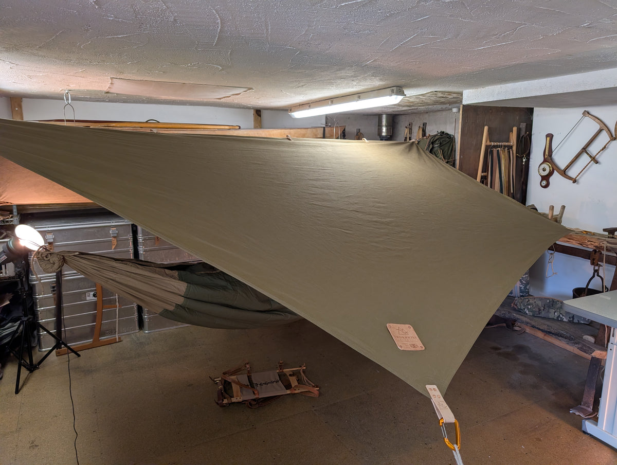 Dry wax Standard HEX shape tarp, waxed canvas & leather tie outs