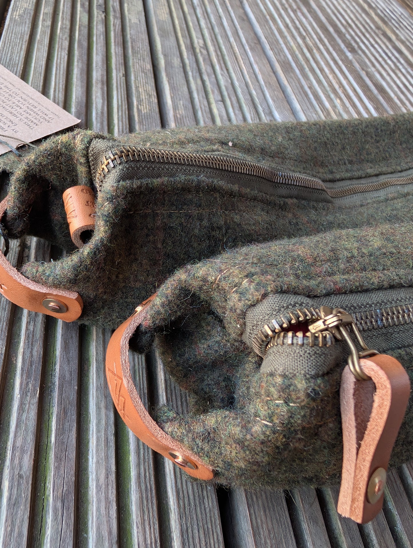 Wool 'n' wax skinny dopp bag, double-lined with vachetta leather handles