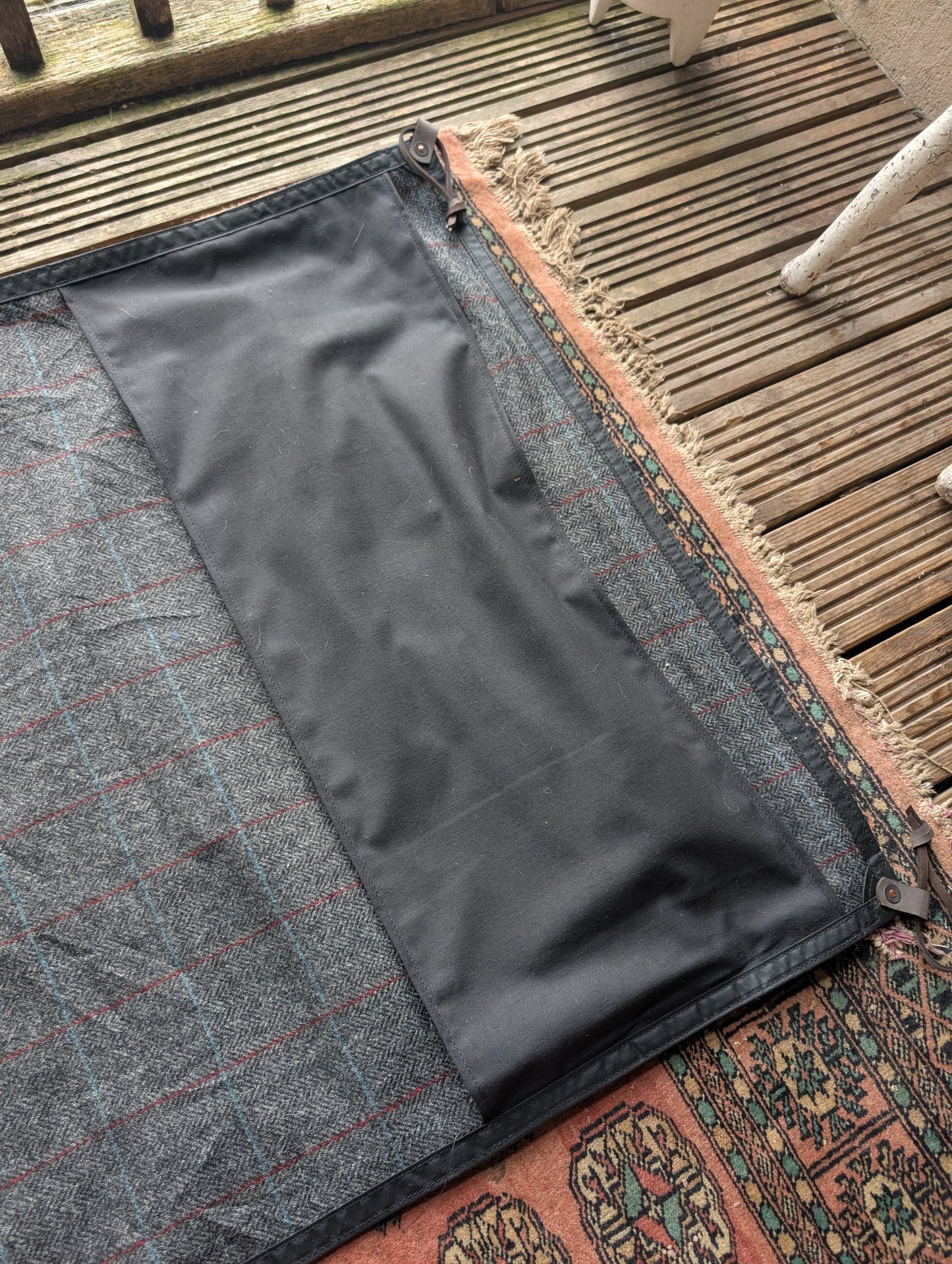 Sleeping mat/pad cover, waxed-canvas-backed checked wool with cotton 'pillow'  and leather leather tie-outs