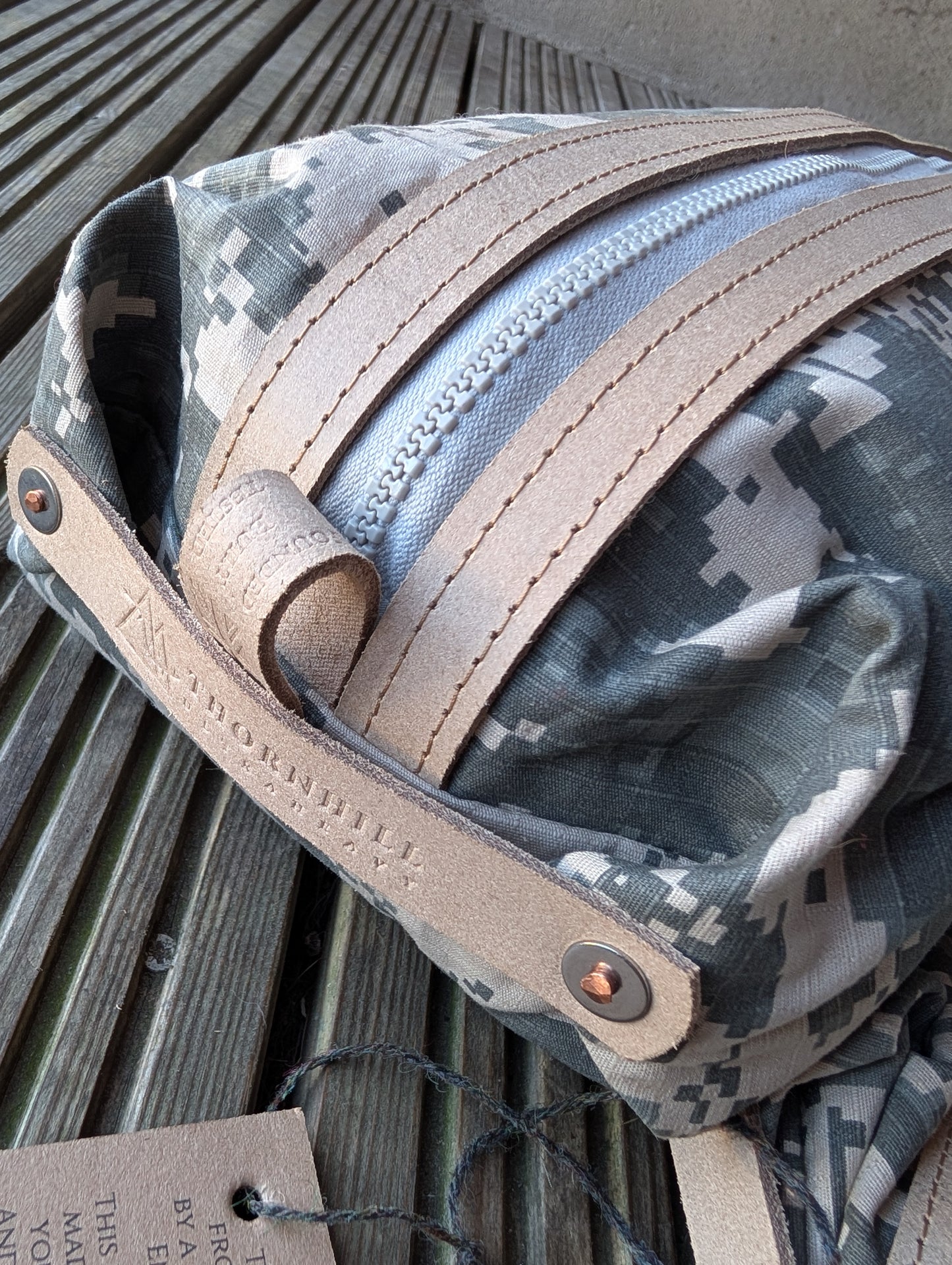 Digital camouflage large dopp bag, double-lined with leather handles and trim