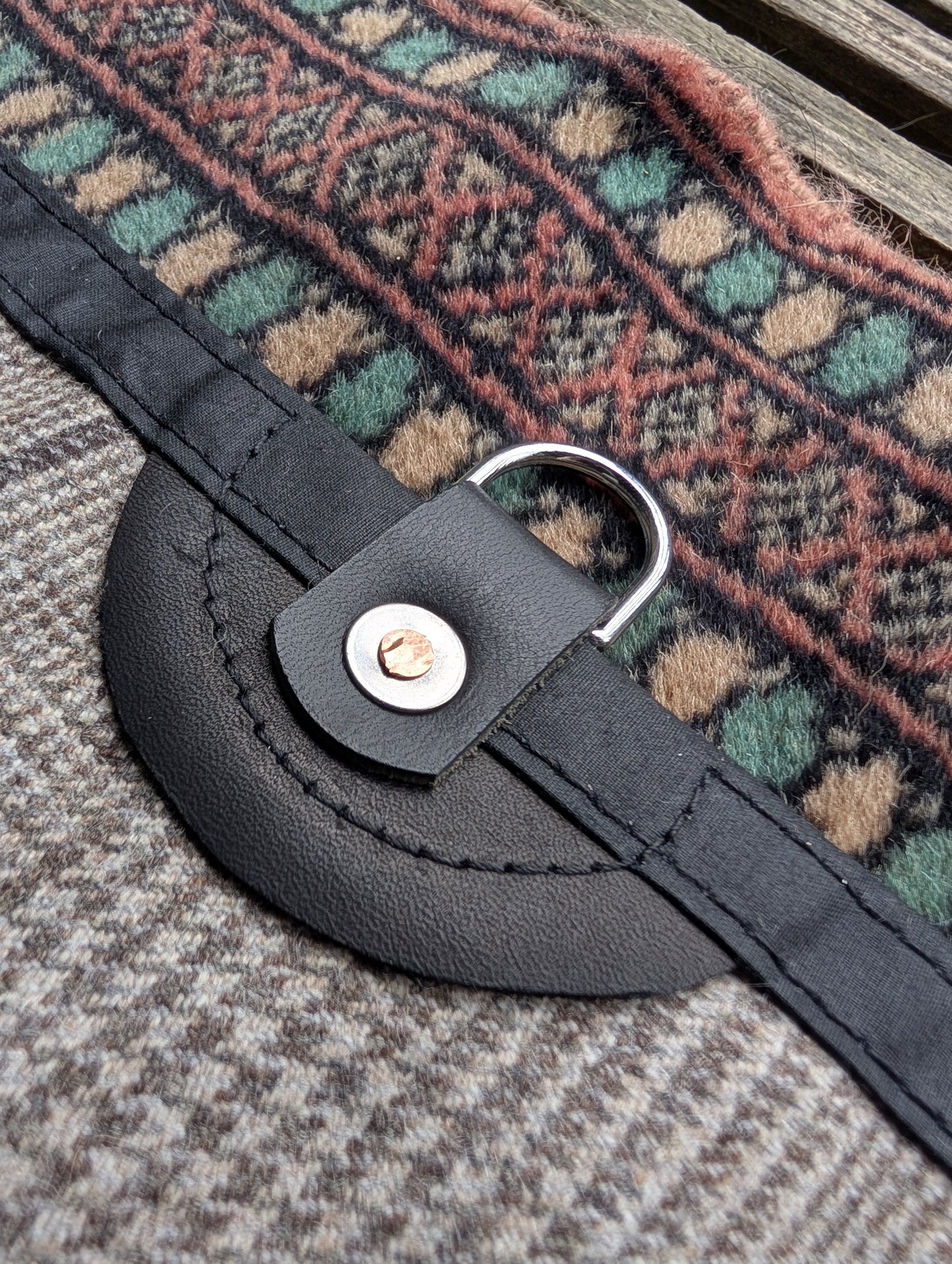 Sleeping mat/pad cover, waxed-canvas-backed checked wool with leather tie-outs