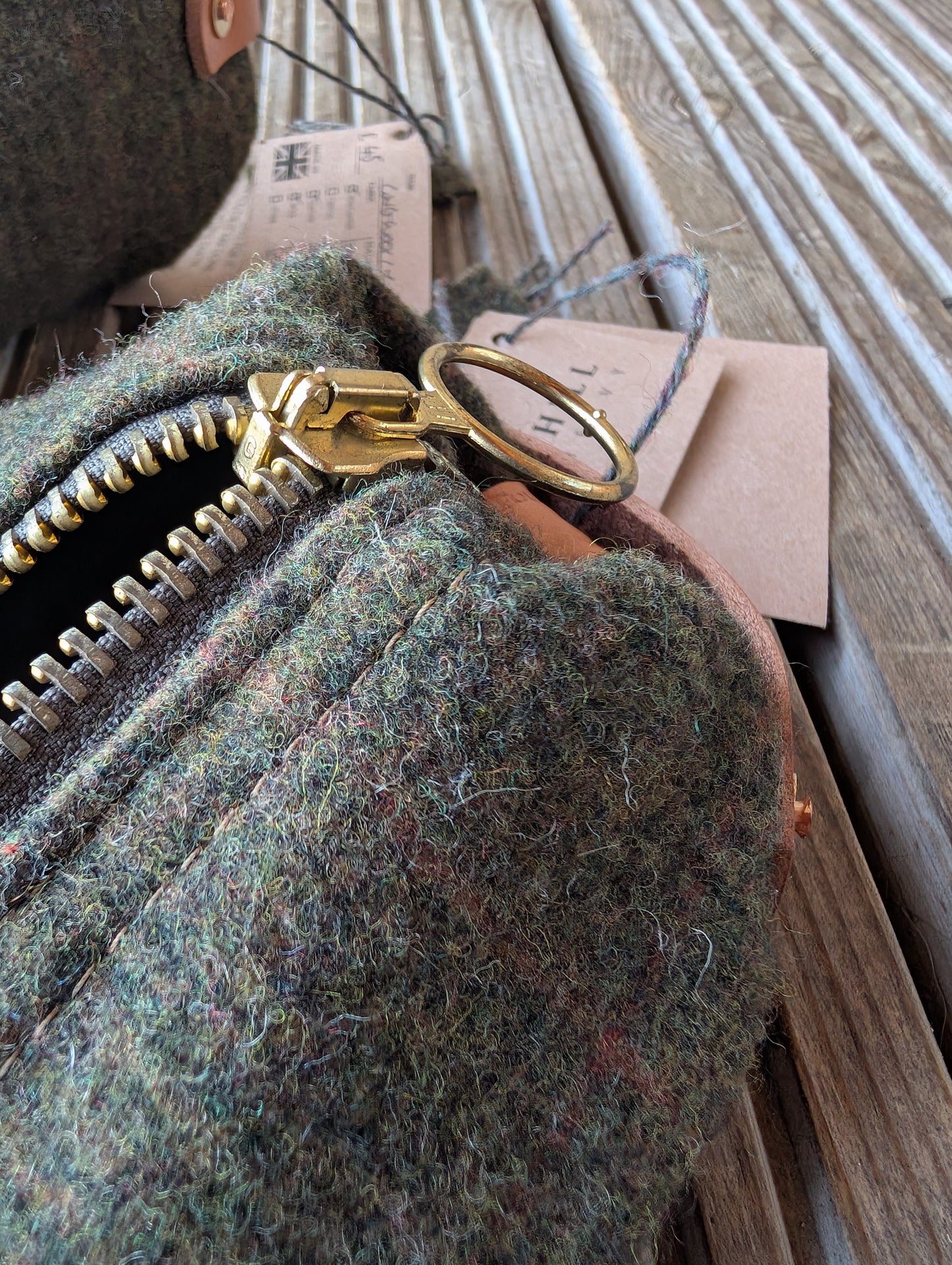 Wool 'n' wax skinny dopp bag, double-lined with vachetta leather handles