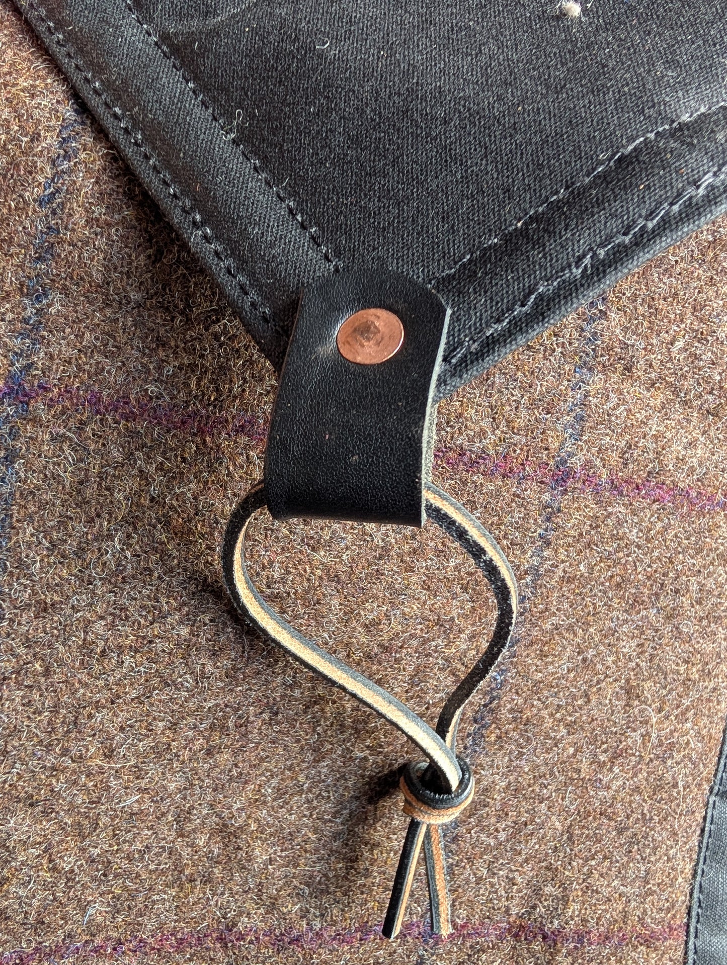 Padded sit-pad, checked wool & waxed canvas with leather tie-out