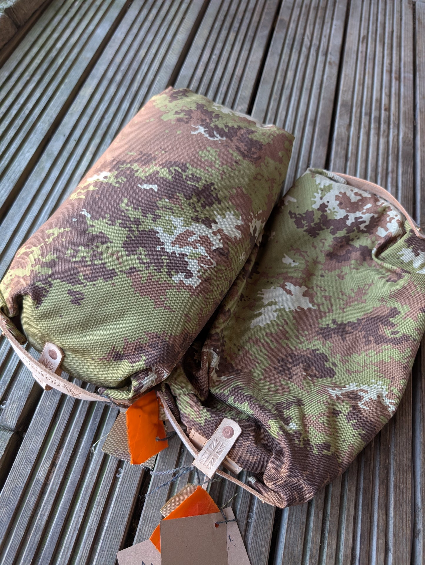 Italian vegetato camouflage large dopp bag, double-lined with leather handles and trim