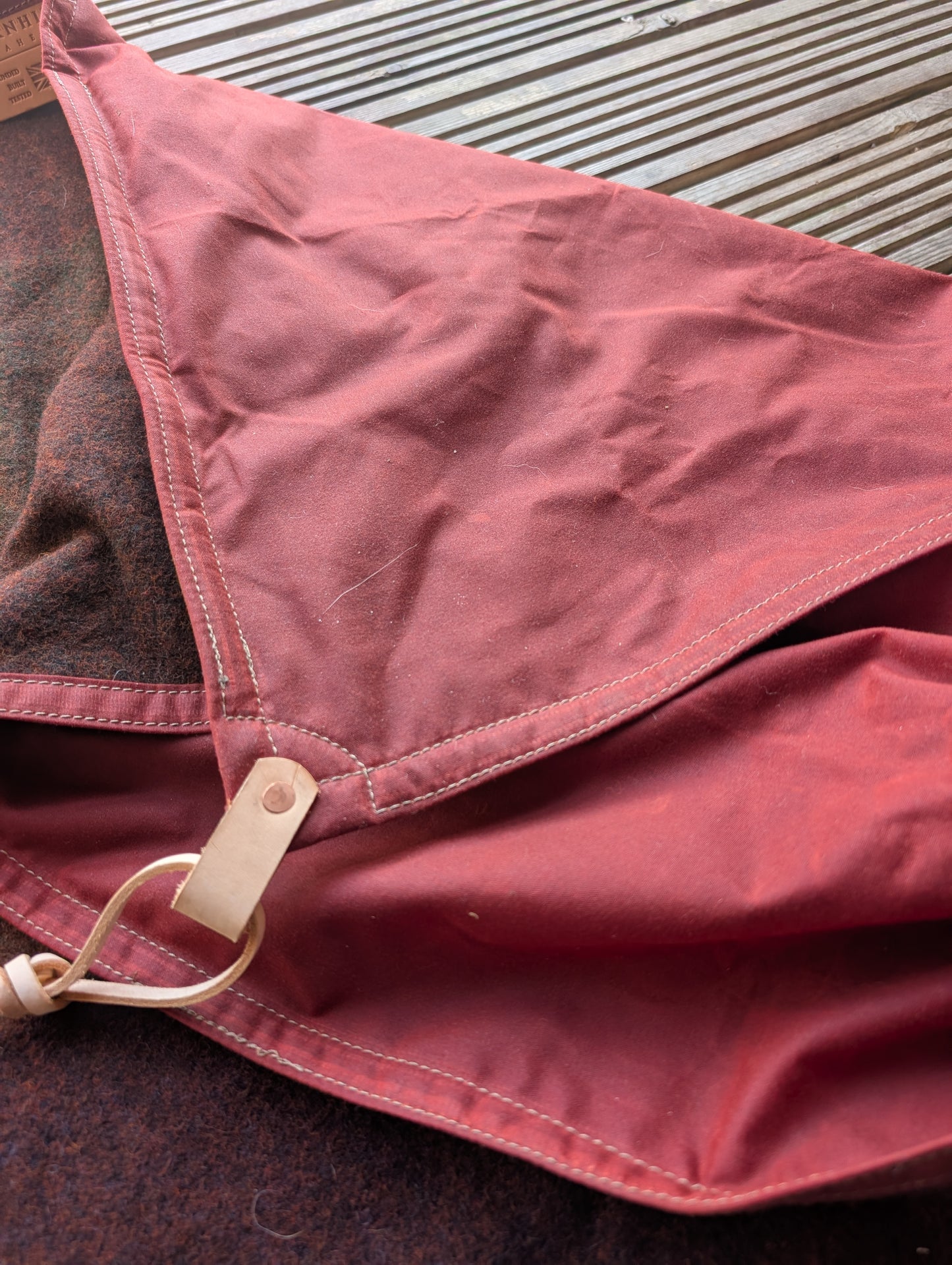 Sleeping mat/pad cover, waxed-canvas-backed wool with leather tie-outs