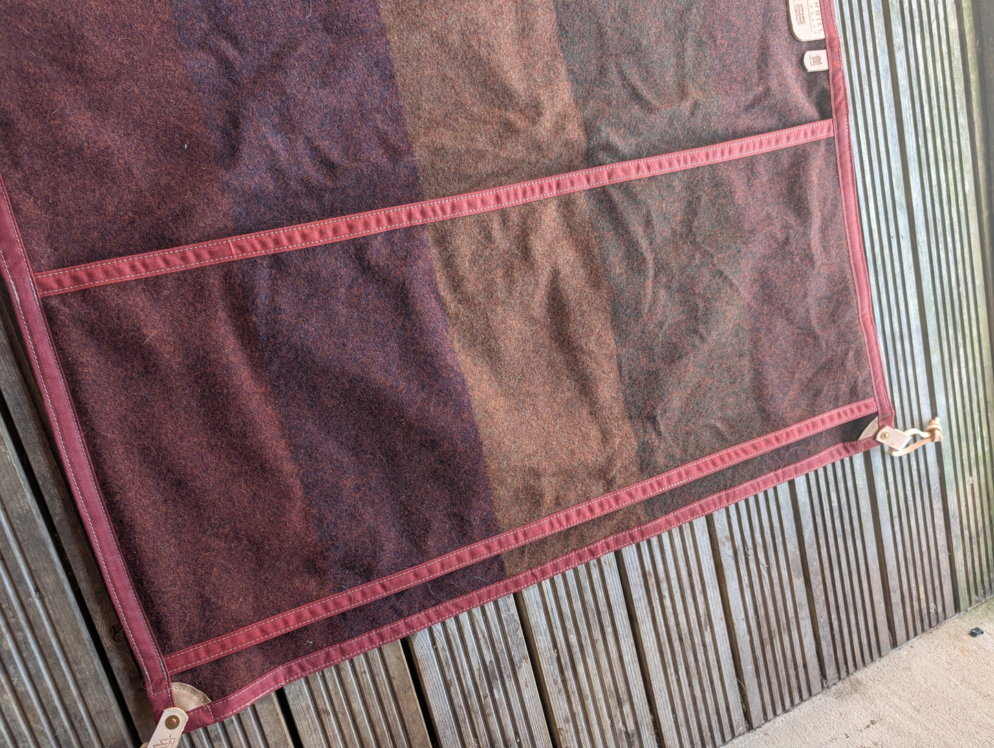 Sleeping mat/pad cover, waxed-canvas-backed wool with leather tie-outs