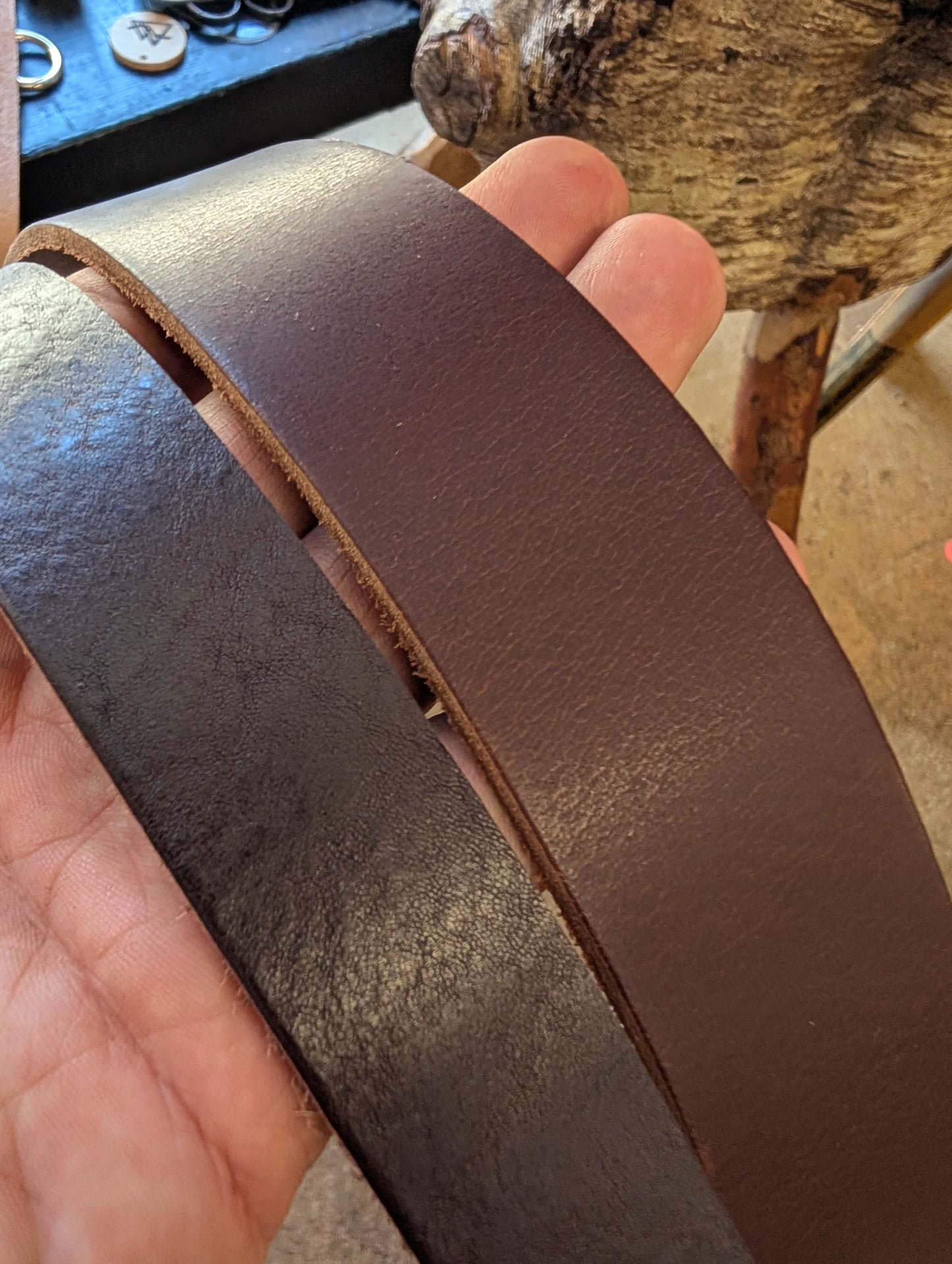 Custom brown and brass 1" x 32" belt belt