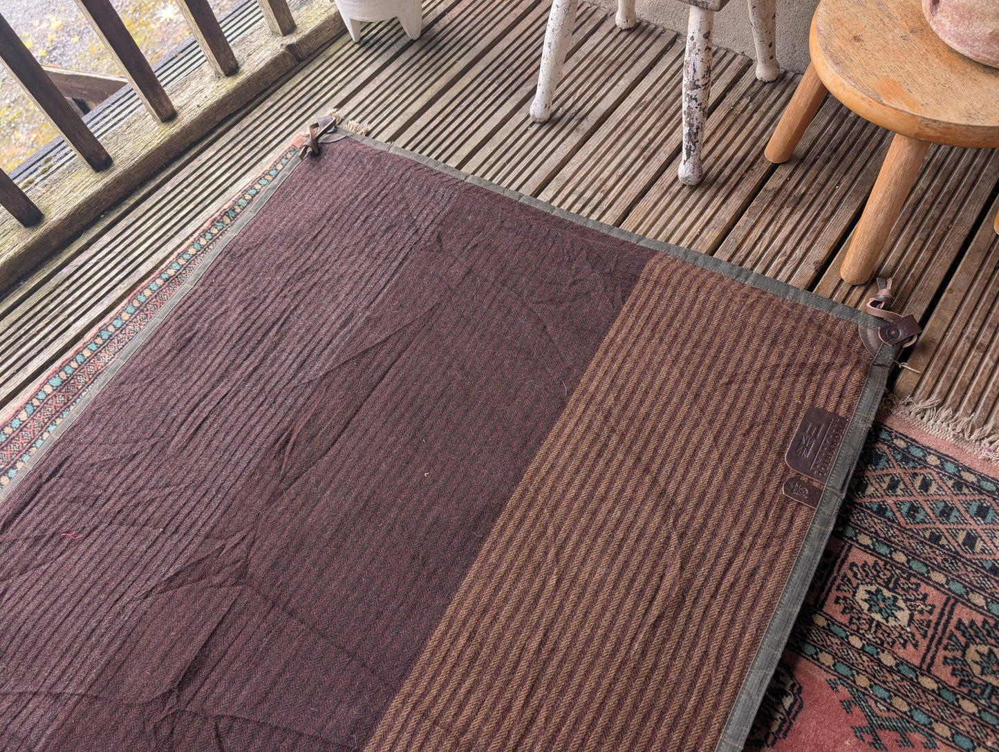 Sleeping mat/pad  beeswax-coton-backed wool with leather tie-outs