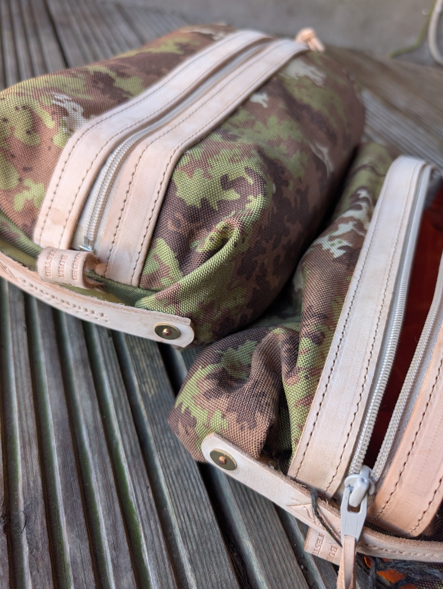 Italian vegetato camouflage large dopp bag, double-lined with leather handles and trim