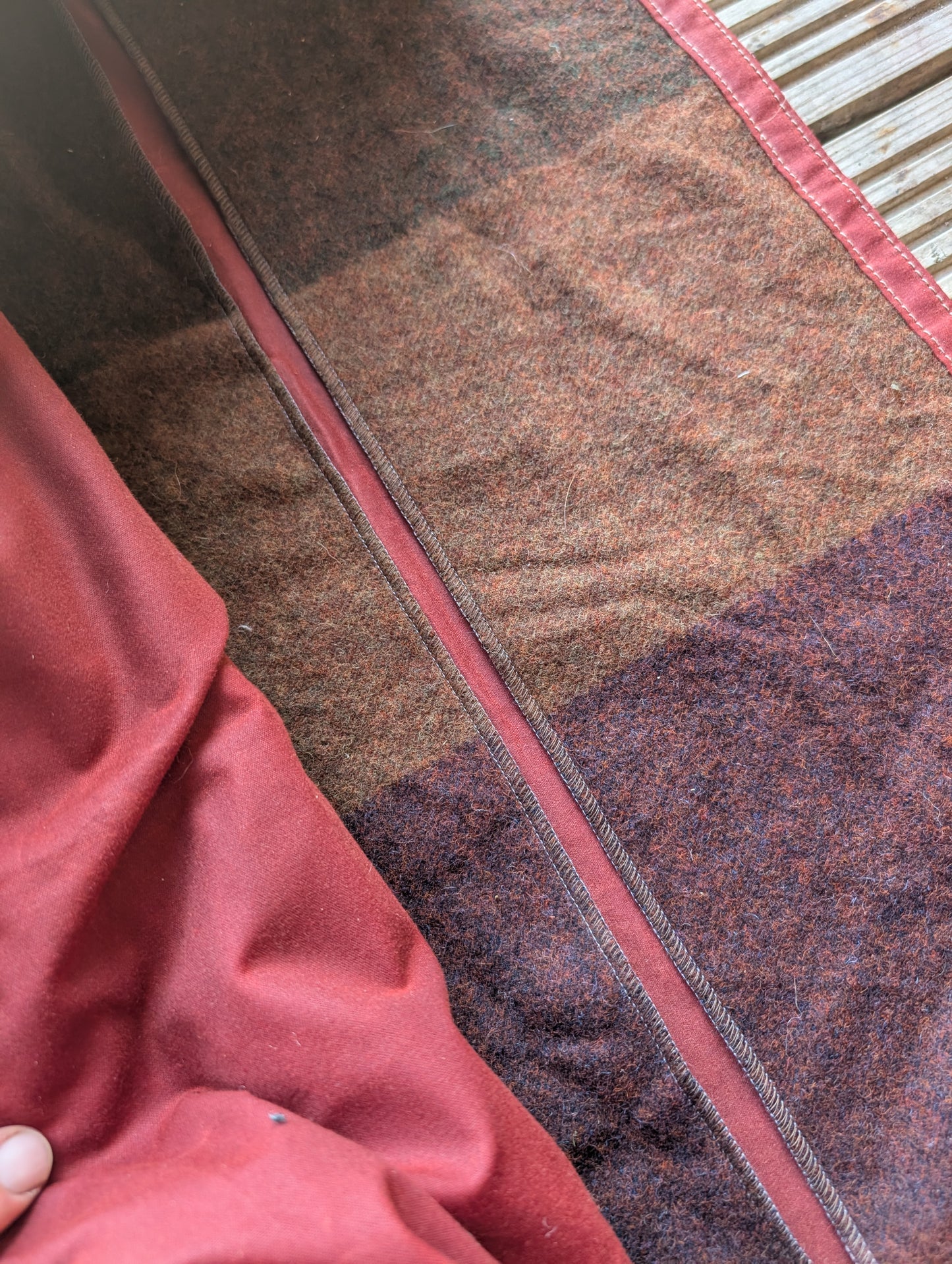 Sleeping mat/pad cover, waxed-canvas-backed wool with leather tie-outs