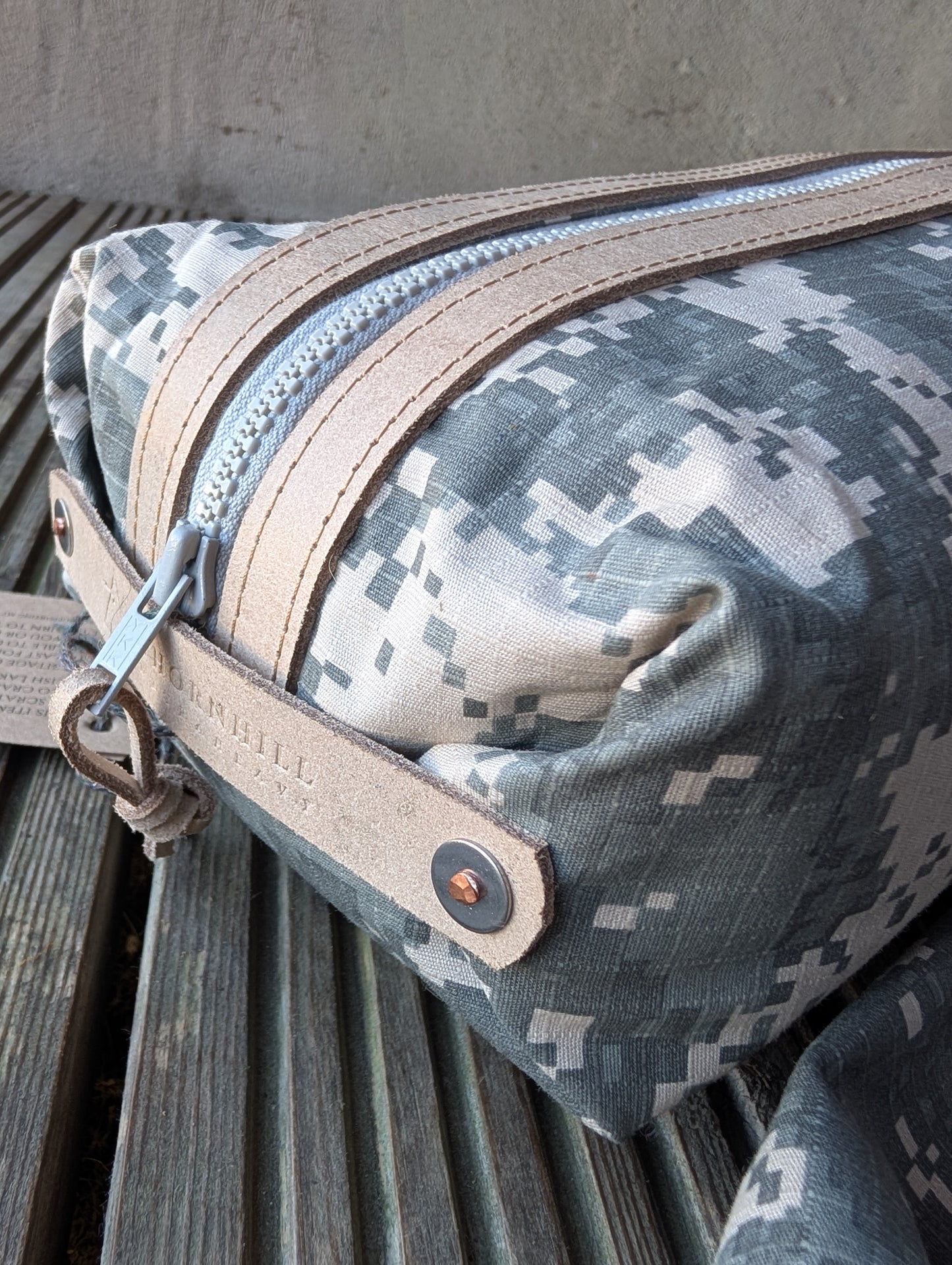 Digital camouflage large dopp bag, double-lined with leather handles and trim