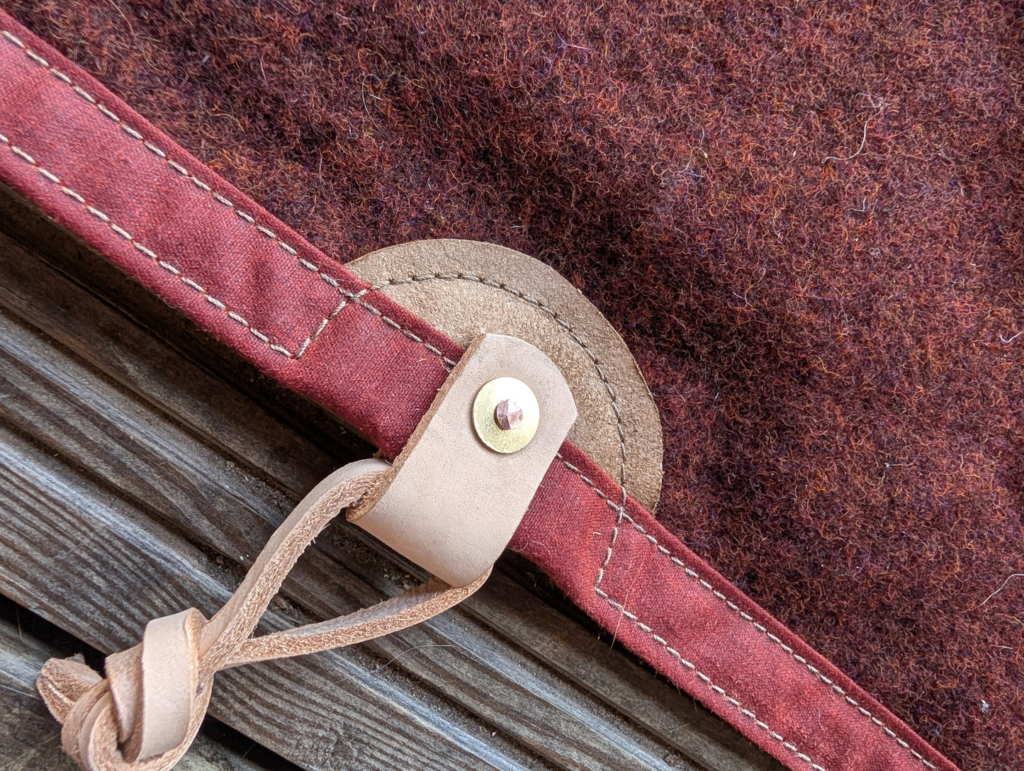 Sleeping mat/pad cover, waxed-canvas-backed wool with leather tie-outs